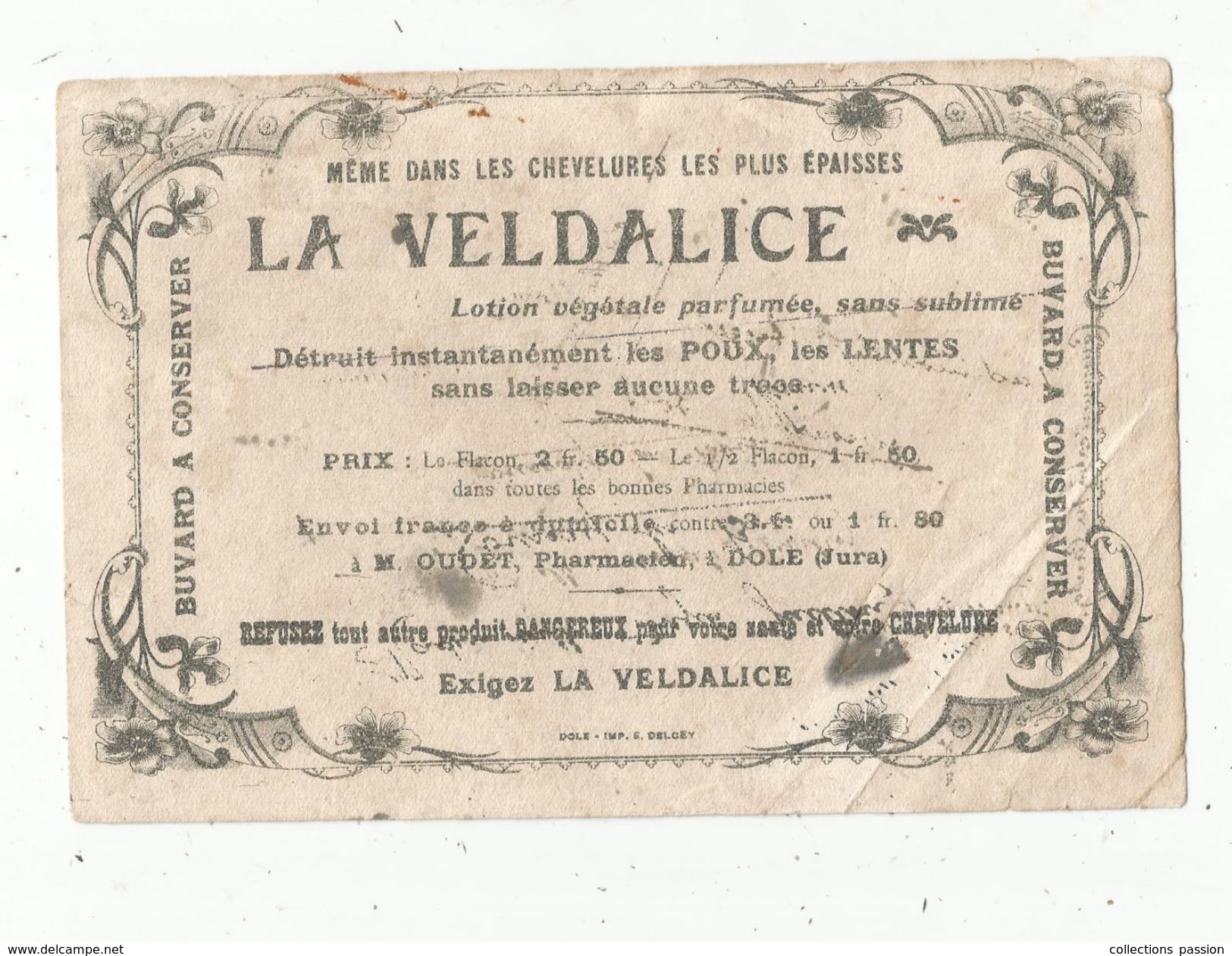 Buvard , LA VELDALICE , Lotion Végétale , Oudet , Pharmacien à DOLE , Jura , Frais Fr : 1.45 E - Produits Pharmaceutiques