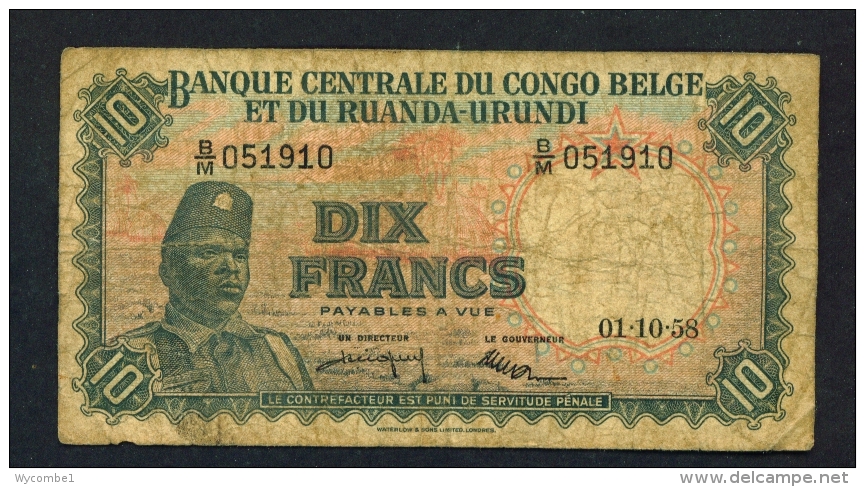 RUANDA-URUNDI  -  01/10/1958  10 Francs  Circulated  Condition And Serial Number As Scans - Ruanda-Urundi