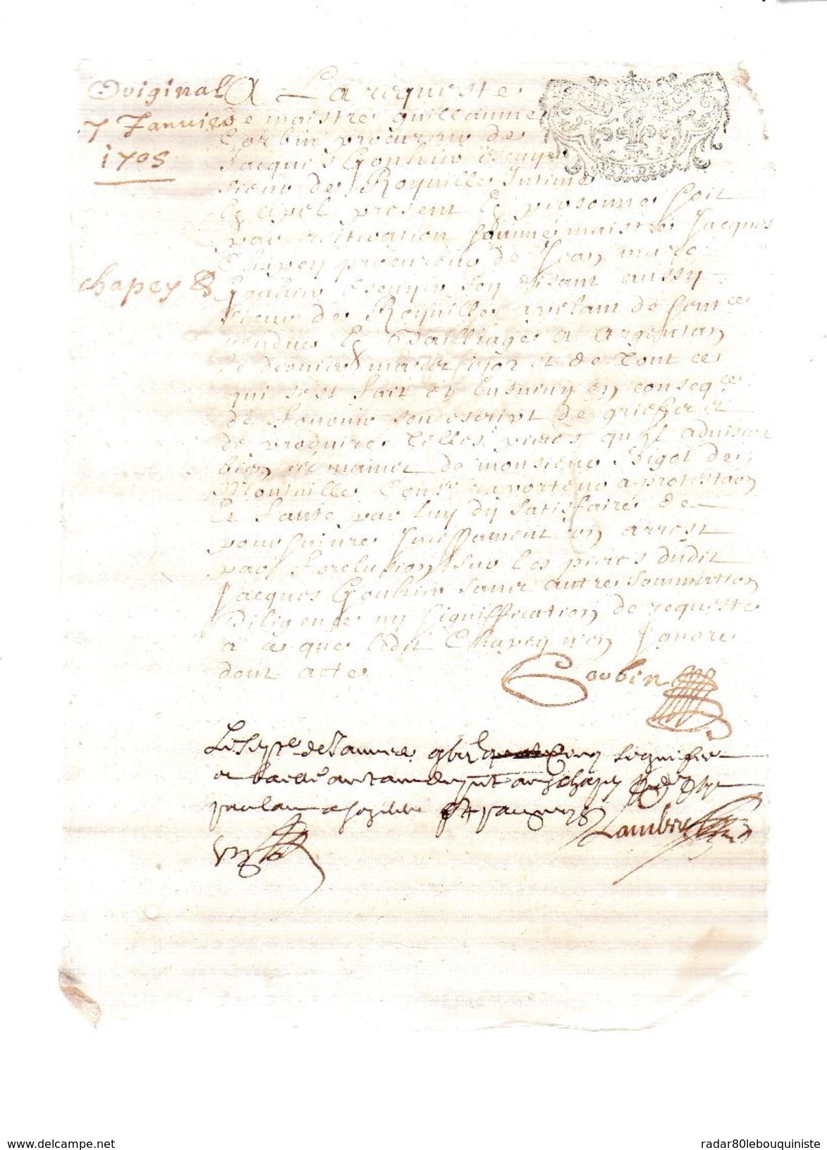 JACQUES GOUHIER Escuyer Sieur De Royville.8 Documents :1704-1704-1704-1705-1705-1705-1705.1705 - Documents Historiques