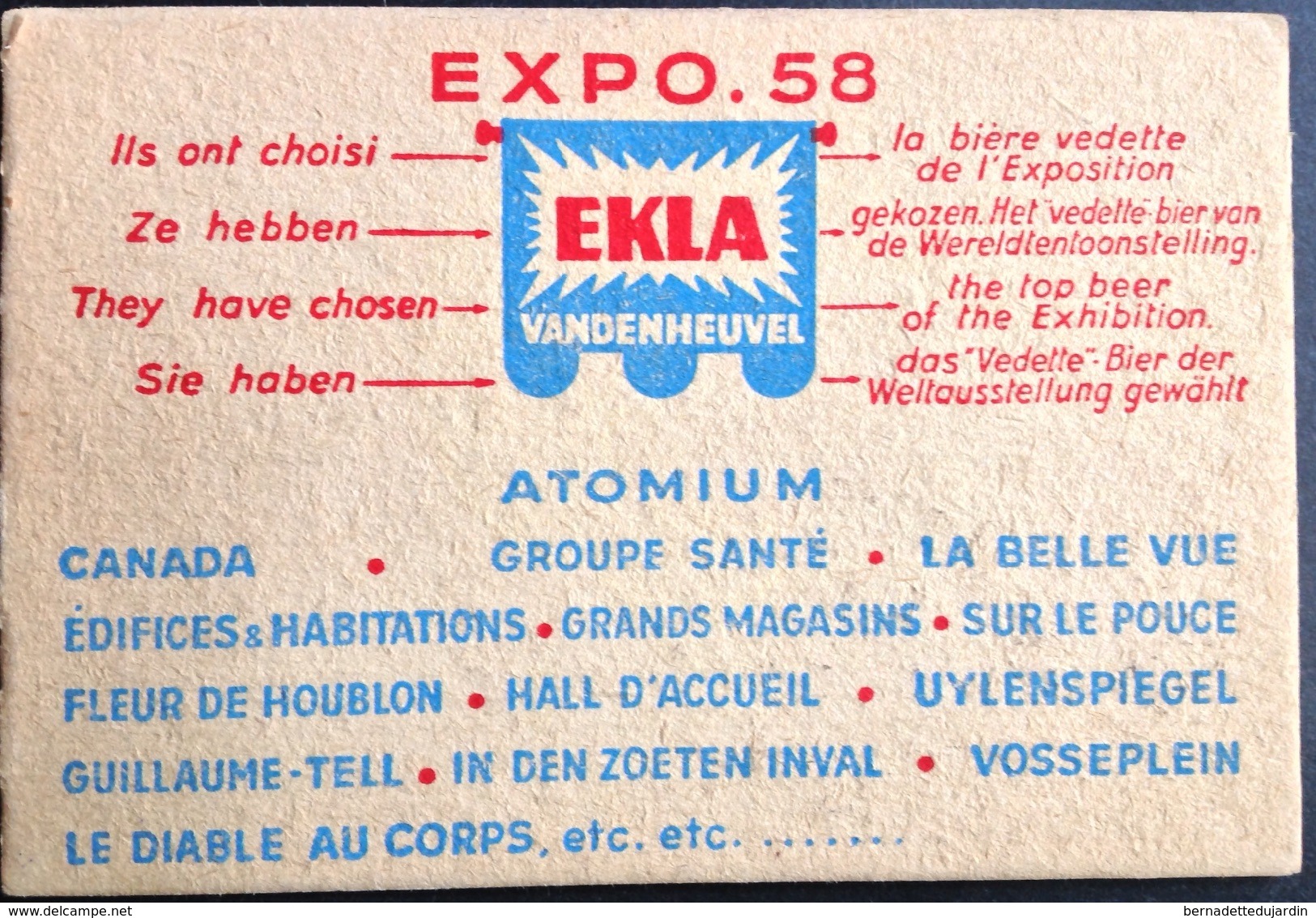 Expo 58 Ekla Vandenheuvel La Bière Vedette De L Exposition -sous Bock - Weltausstellungen