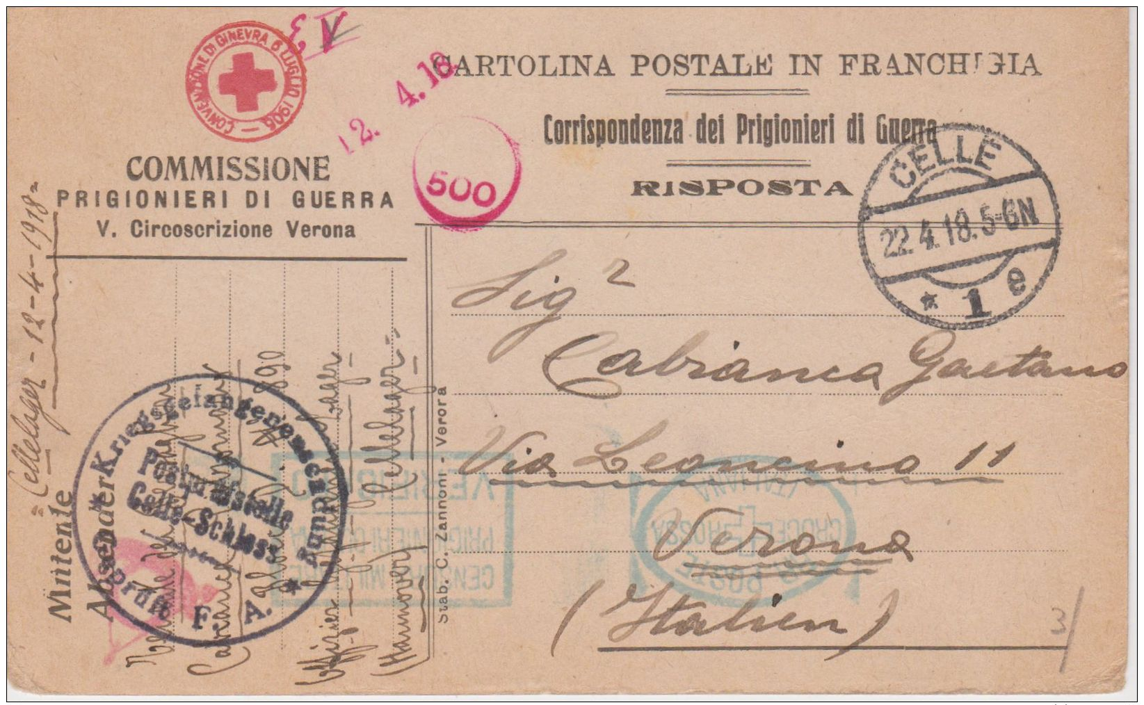 1918 CELLELAGER Manoscritto Su Cartolina Prigionieri Guerra Da Italiano Prigioniero Celle (22.4) - Storia Postale