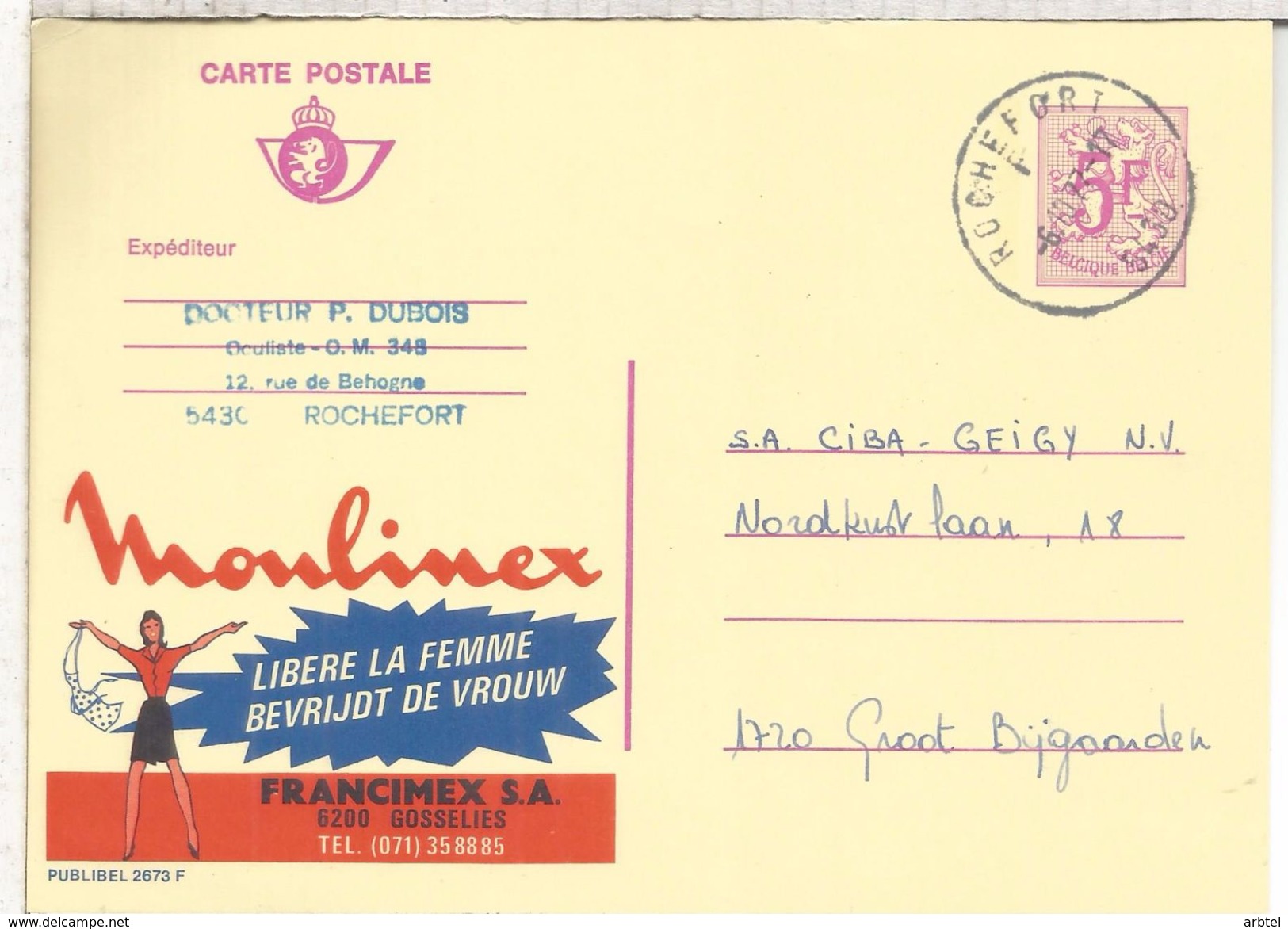 BELGICA PUBLIBEL ENTERO POSTAL 2673F MOULINEZ ELECTRODOMESTICOS MAT ROCHEFORT - Electricidad