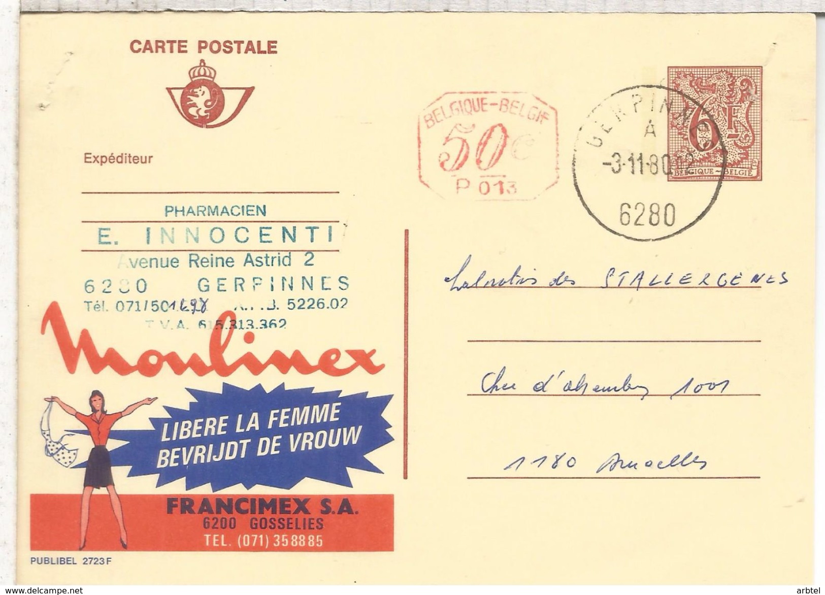 BELGICA PUBLIBEL ENTERO POSTAL 2723F MOULINEX ELECTRODOMESTICOS GERPINNES - Electricidad