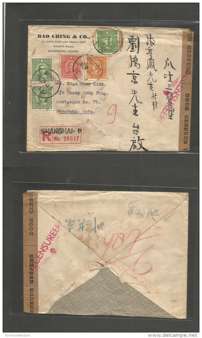 China - Xx. 1940 (7 Nov) Shanghai - Java, Dutch Indies, Semarang. Registered Multifkd Envelope + Bilingual Address + Arr - Other & Unclassified