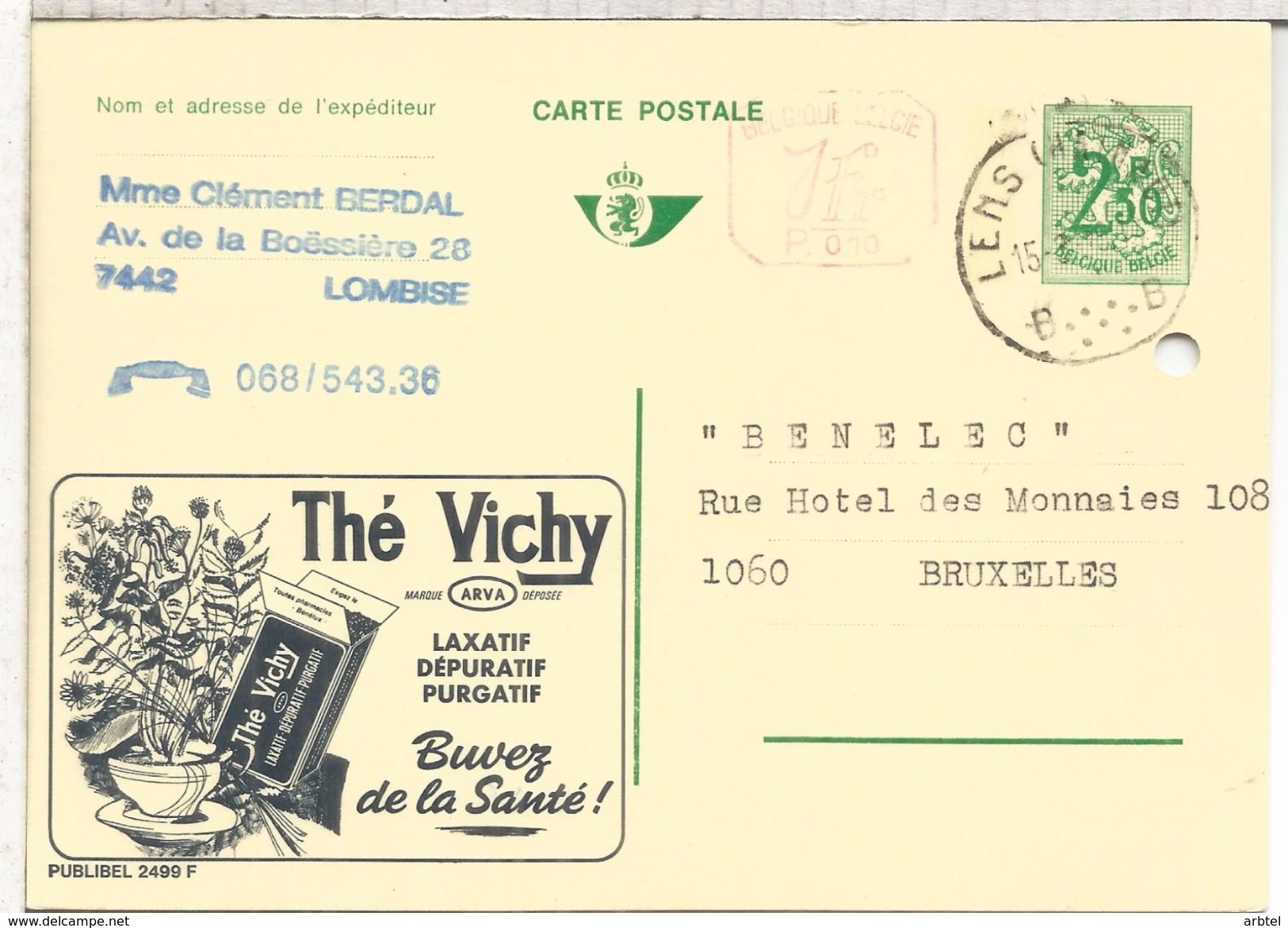 BELGICA PUBLIBEL ENTERO POSTAL 2499F TE THE TEA AGUJERO ARCHIVO - Piante Medicinali