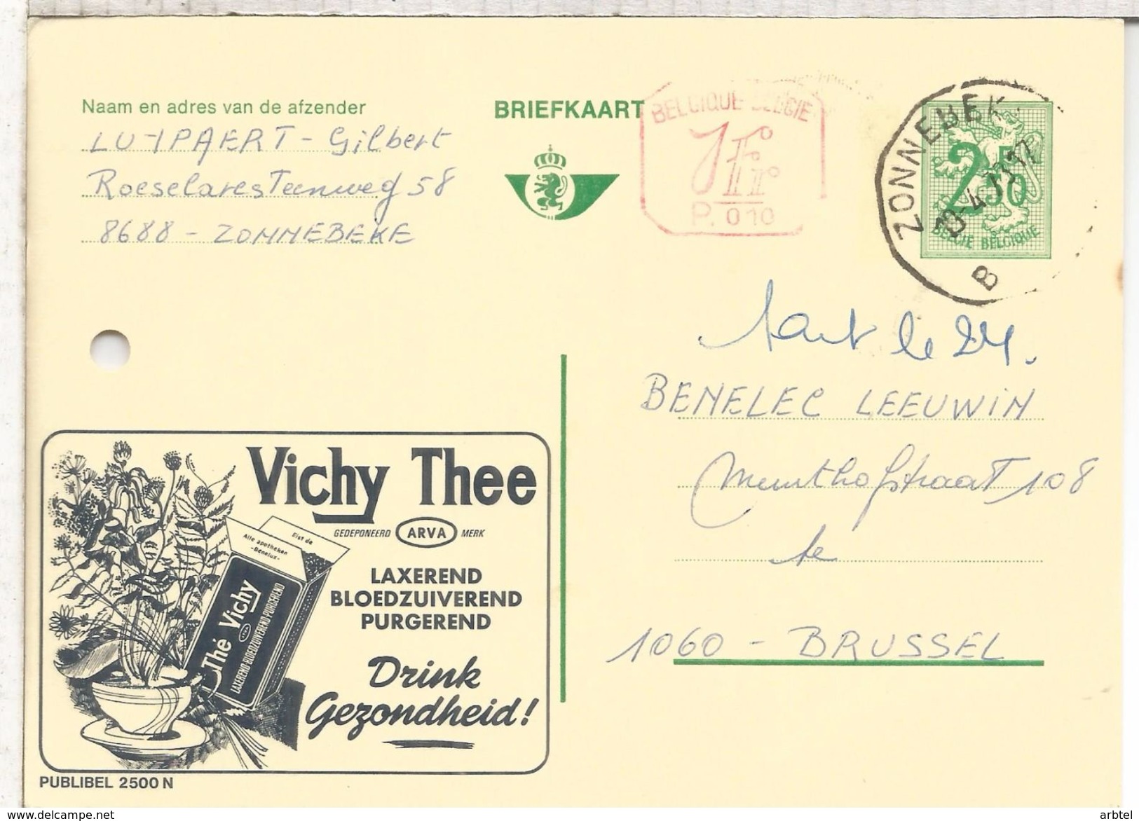 BELGICA PUBLIBEL ENTERO POSTAL 2500N TE THE TEA AGUJERO ARCHIVO - Plantas Medicinales