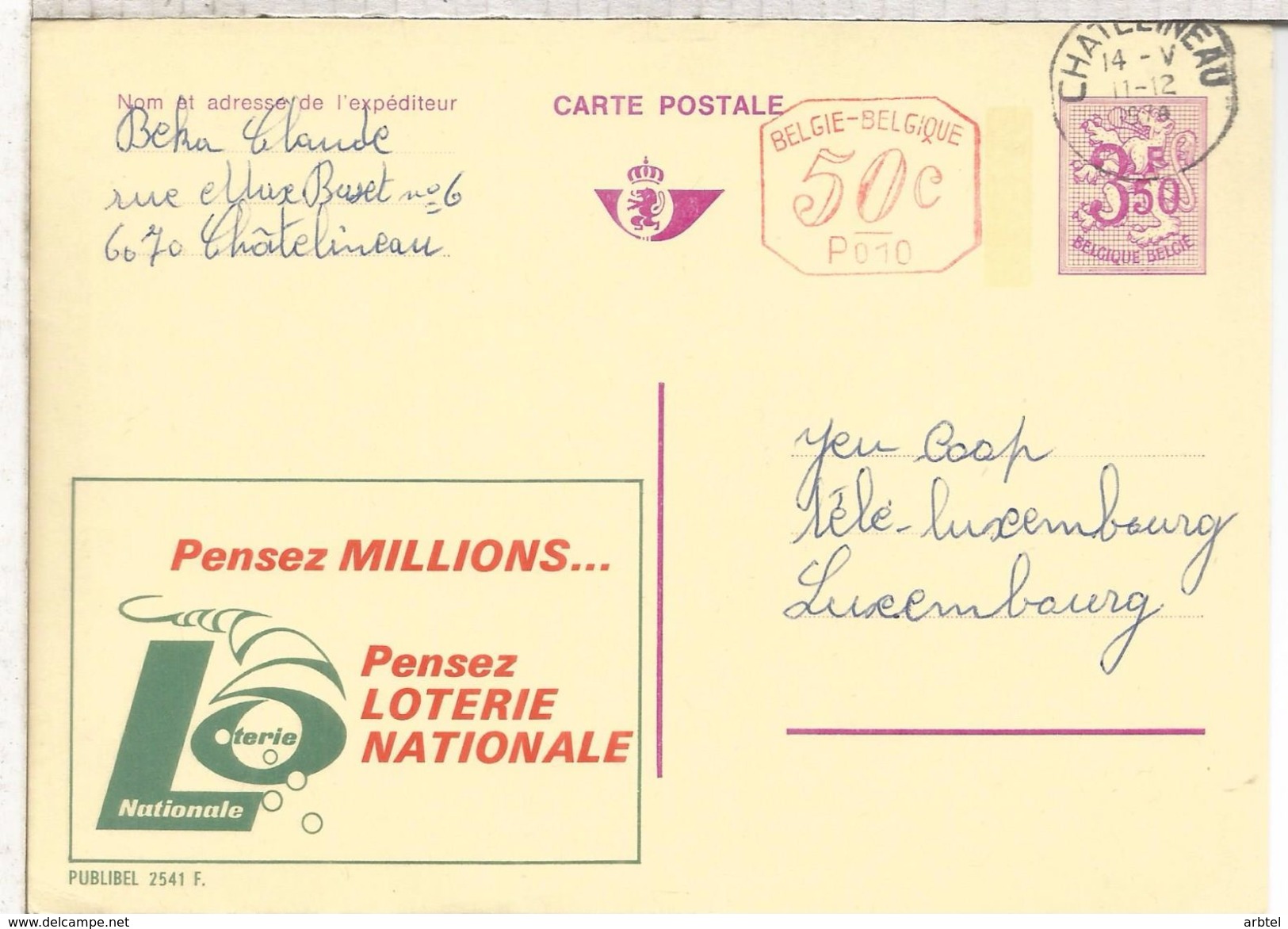 BELGICA PUBLIBEL ENTERO POSTAL 2541F LOTERIA NACIONAL LOTTERY LOTERIE - Sin Clasificación