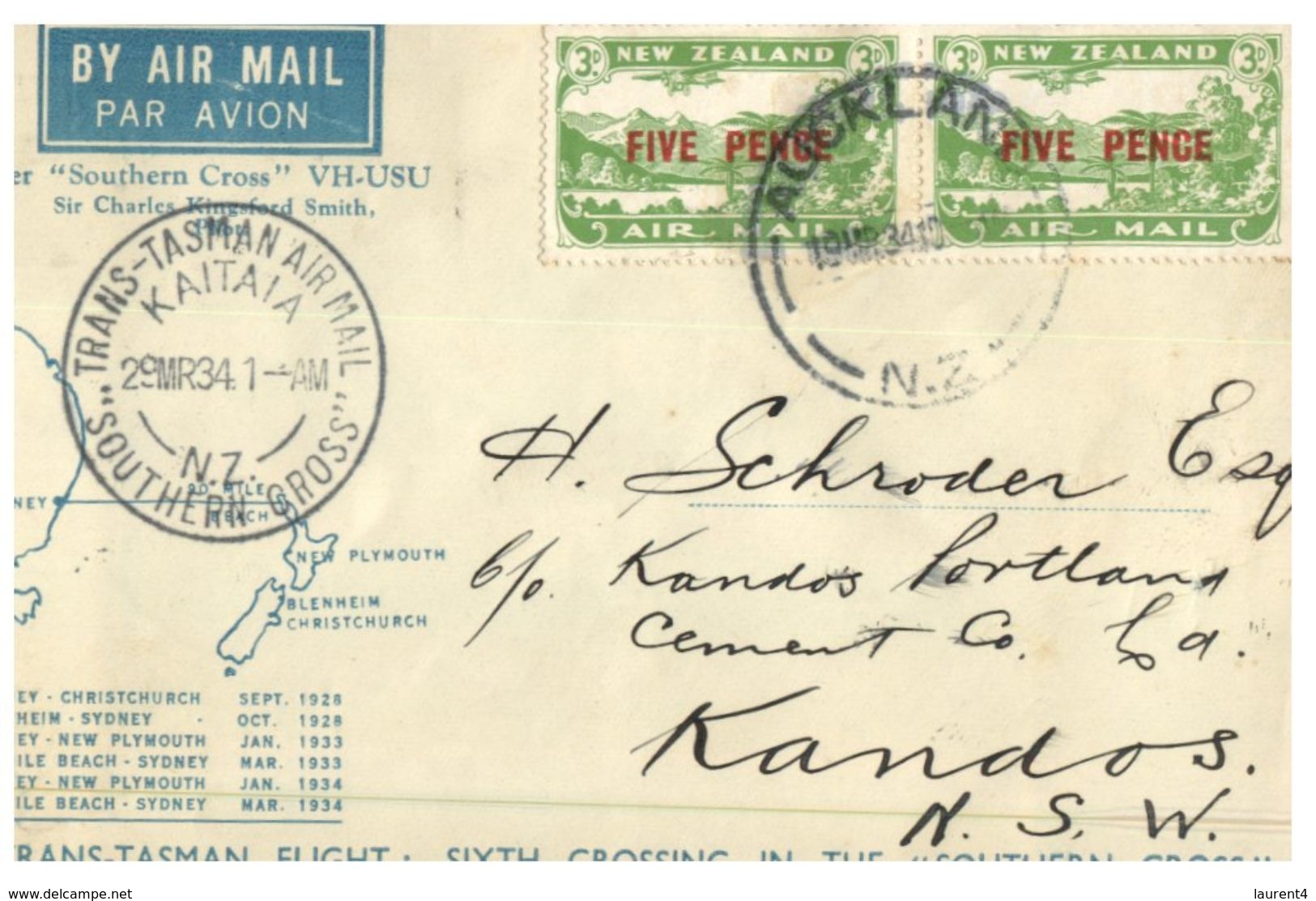 (525) New Zealand - Australia - Trans Tasman Air Mail - 29 March 1934 - Poste Aérienne