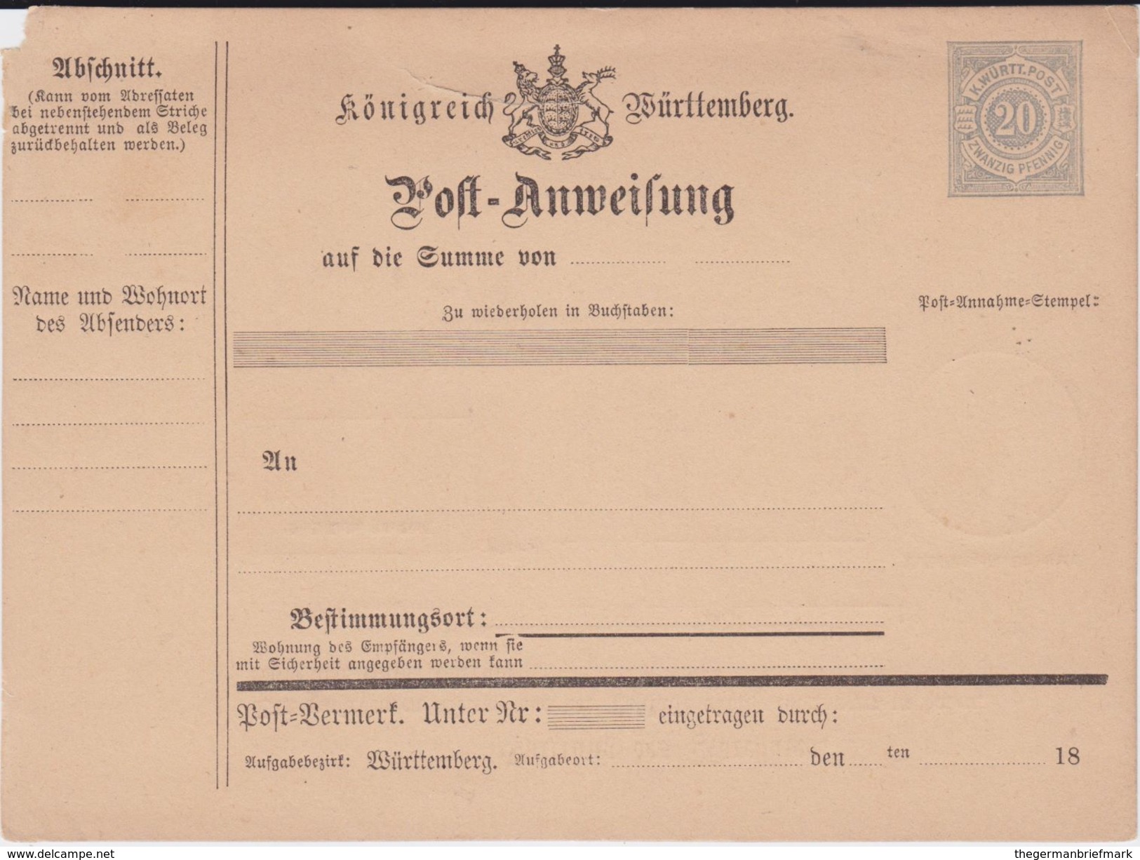 Württemberg Ganzsache A 13 Ungebraucht Ca 1876 - Sonstige & Ohne Zuordnung