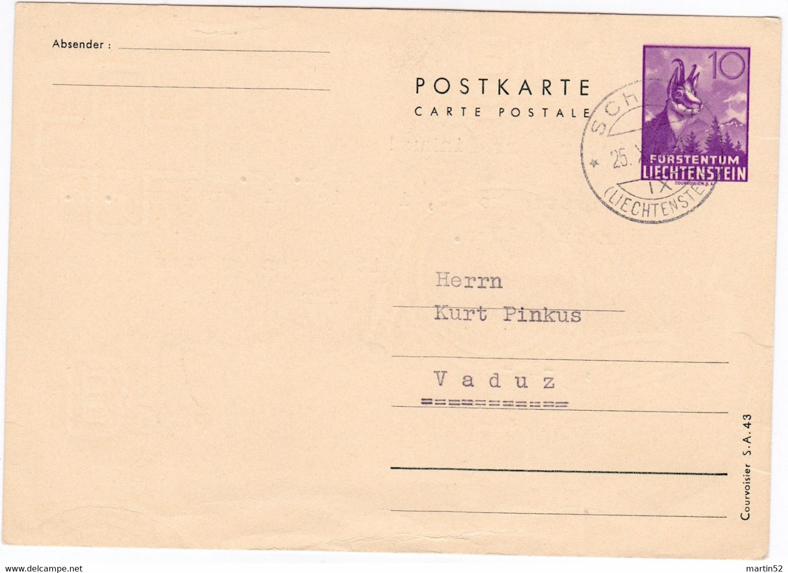 Liechtenstein 1944: Postkarte"Gämse"LBK No.27 (Courvoisier S.A. 43) Nach Vaduz, Mit O SCHAAN 25.X.46 (LBK CHF 45.00) - Enteros Postales
