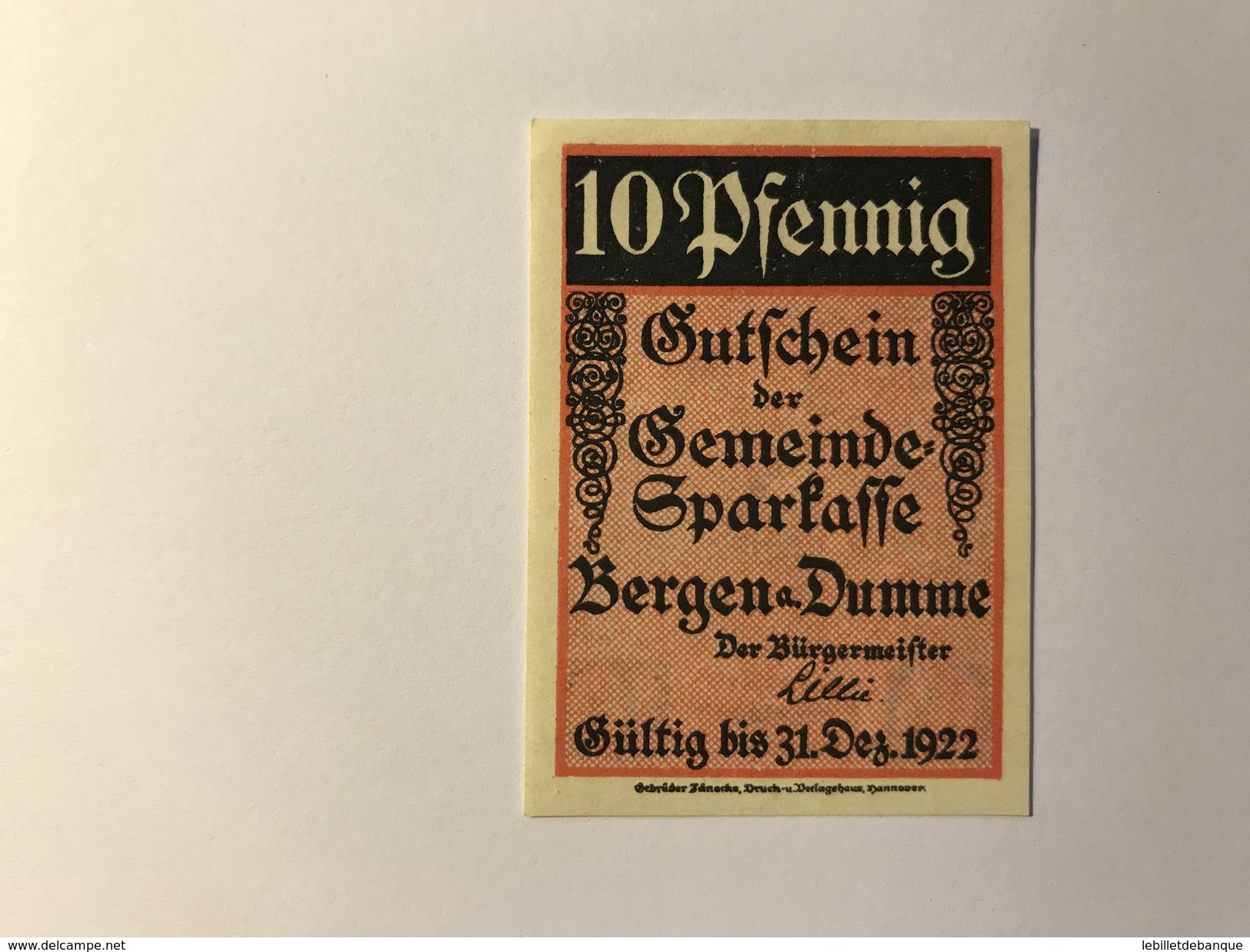 Allemagne Notgeld Bergen 10 Pfennig - Collections