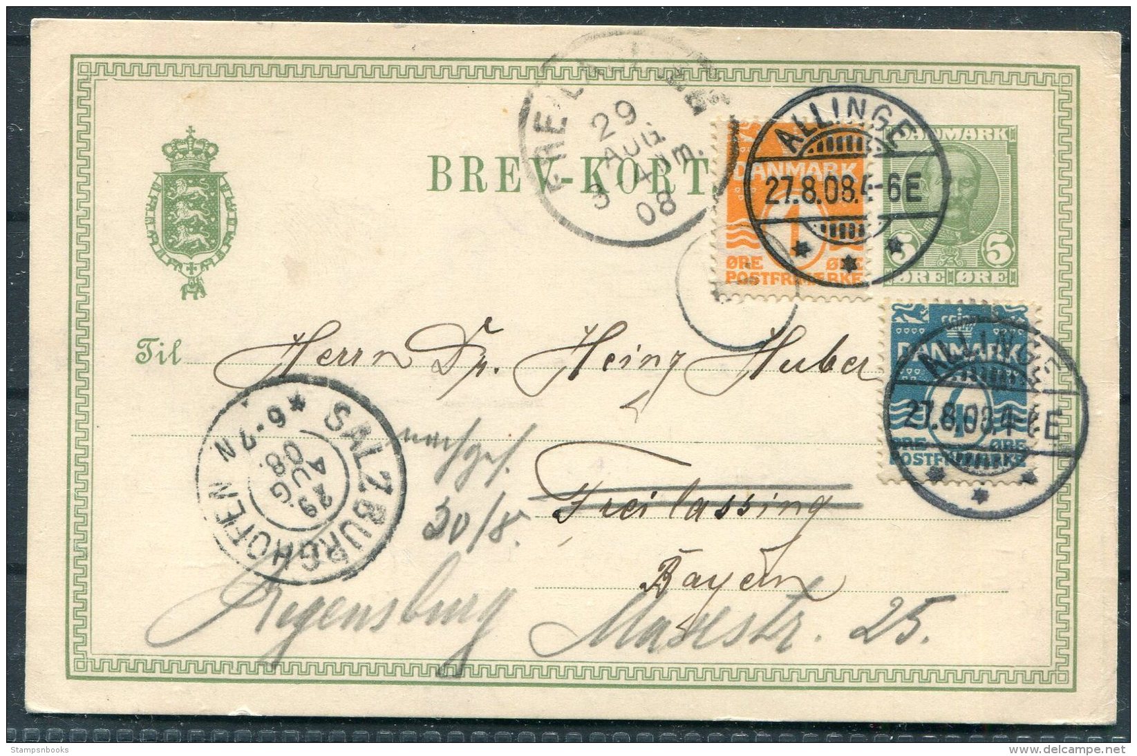 1908 Uprated Stationery Postcard Allinge Sandvik, Bornholm - Bayern, Germany Redirected Freilassing Salzburghofen - Covers & Documents