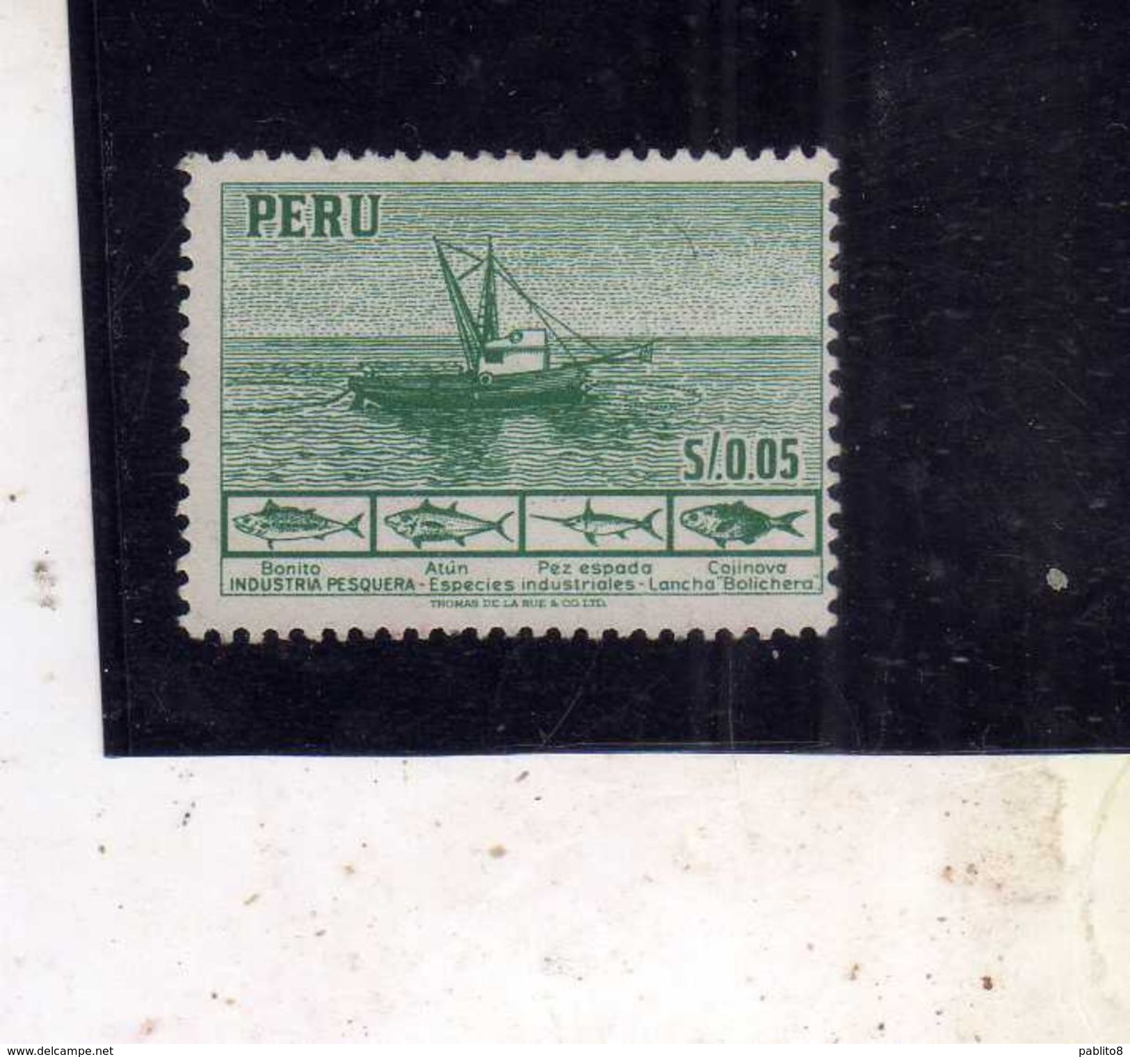 PERU' 1952 1953 FISHING BOAT AND PRINCIPAL FISH INDUSTRIA PESQUERA CENT. 5 00.5c MNH - Perù