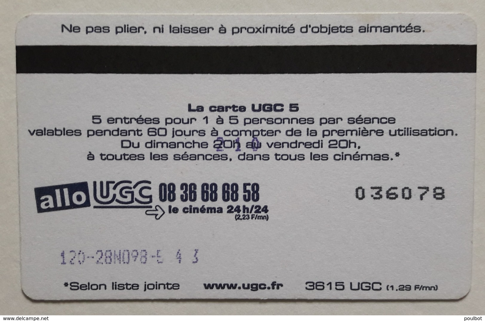 France Carte Cinéma UGC 5 Bleu  Scan Recto Verso - Cinécartes