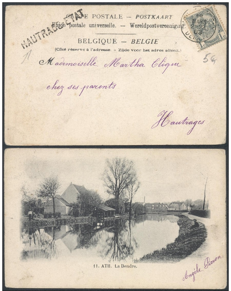 CC511 Carte De Mons à Hautrage - 1903 - Griffe Hautrage Etat  - Ath La Dendre Canal - 1893-1907 Armoiries