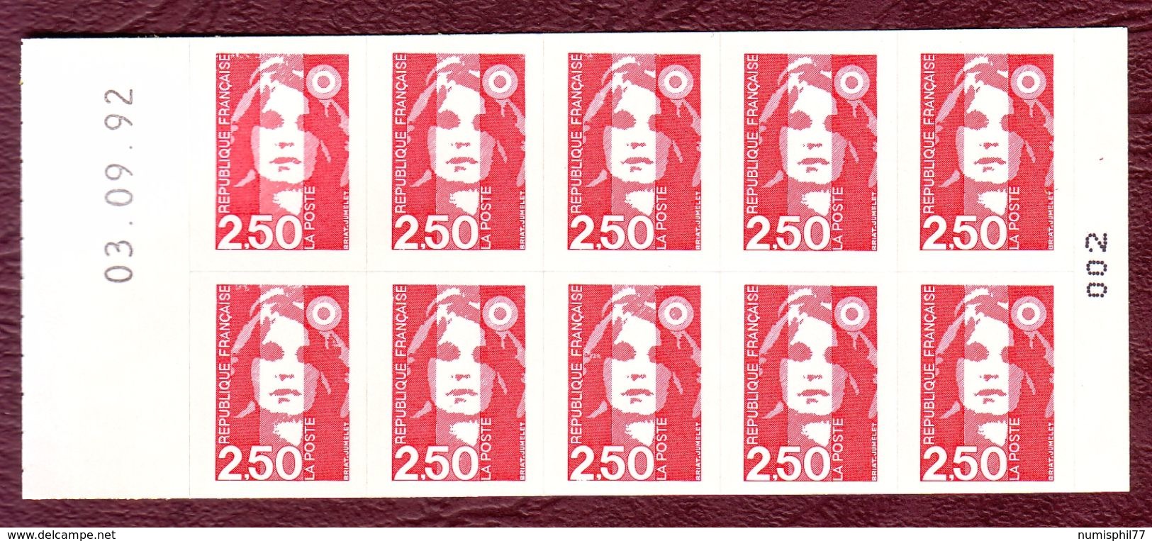 FRANCE CARNET - 2 Fr 50 Rouge Marianne De Briat Non Dentelé Adhésif N° 2720-C2 - Other & Unclassified