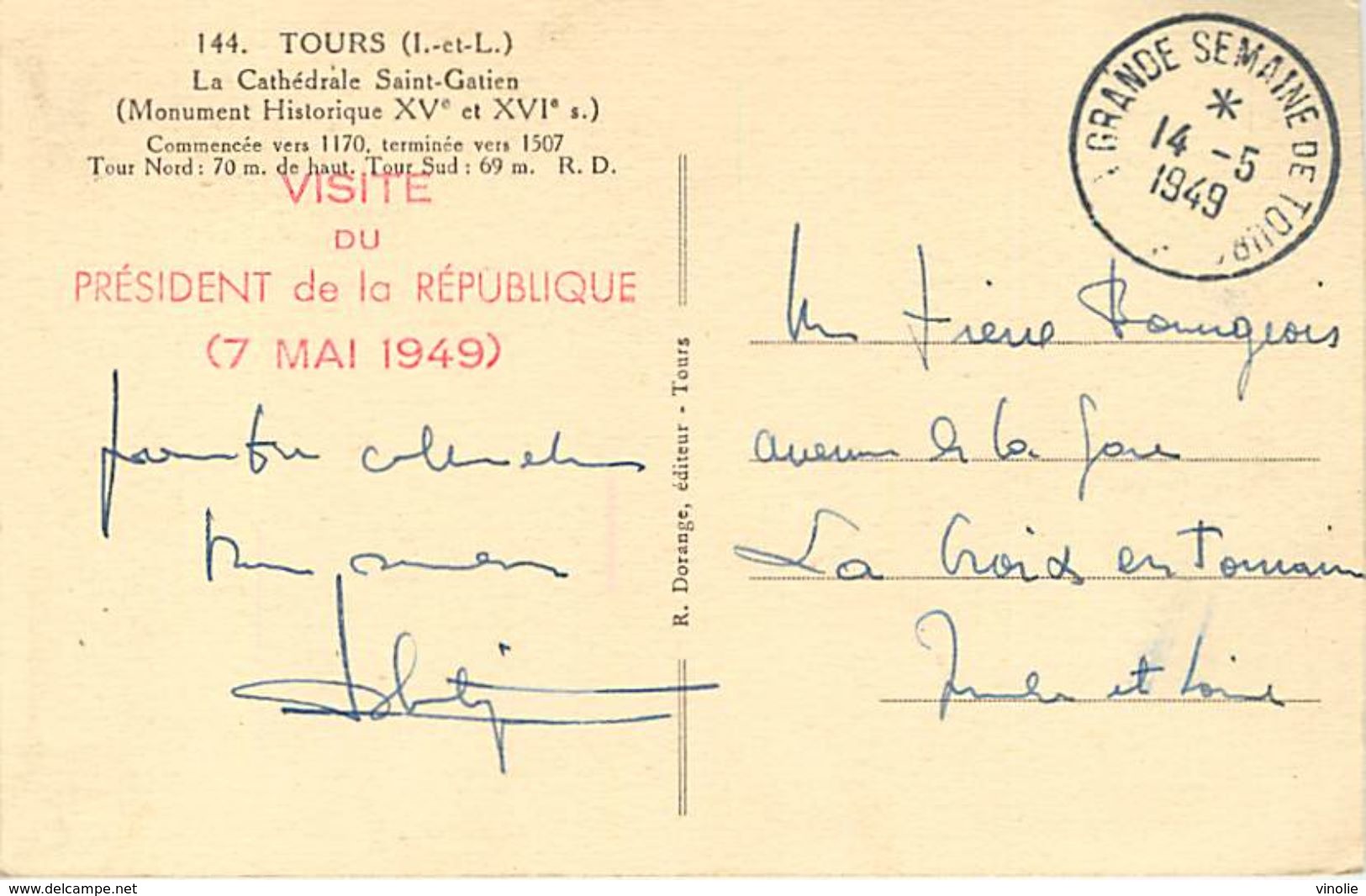 A-17.9505 : CARTE TOURS INDRE ET LOIRE CACHET TEMPORAIRE LA GRANDE SEMAINE DE TOURS 14 MAI 1949 - Lettres & Documents