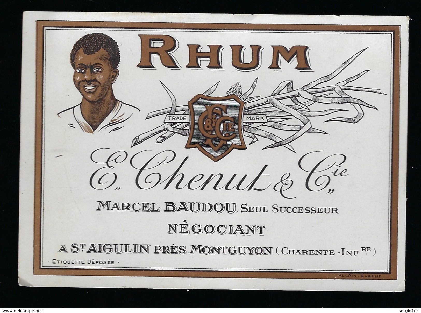 Etiquette Rhum E Chenut Et Cie Marcel Baudou Seul Successeur  St Aigulin Charente Inférieure " Visage Homme" - Rhum