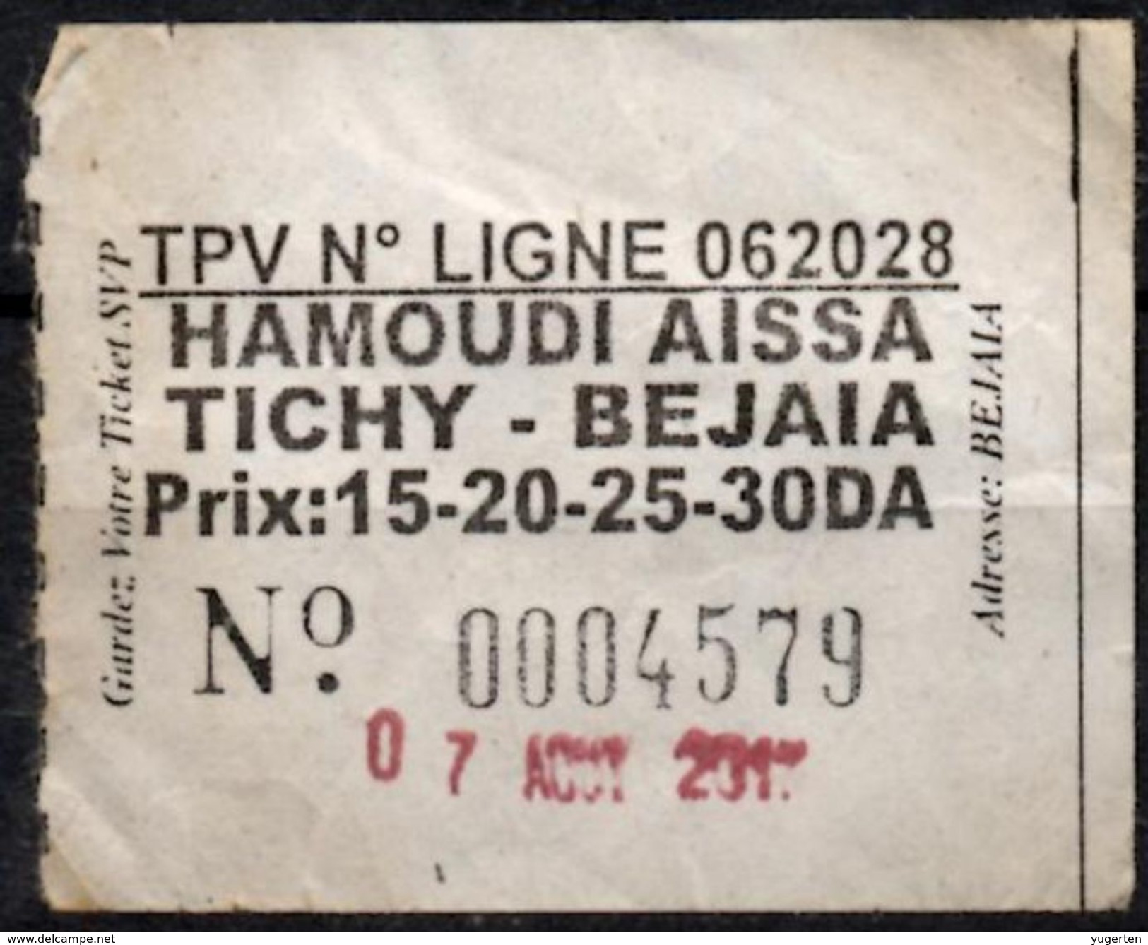 Ticket Transport Algeria Bus Hamoudi Aissa - Tichy Vers Bejaia - Monde