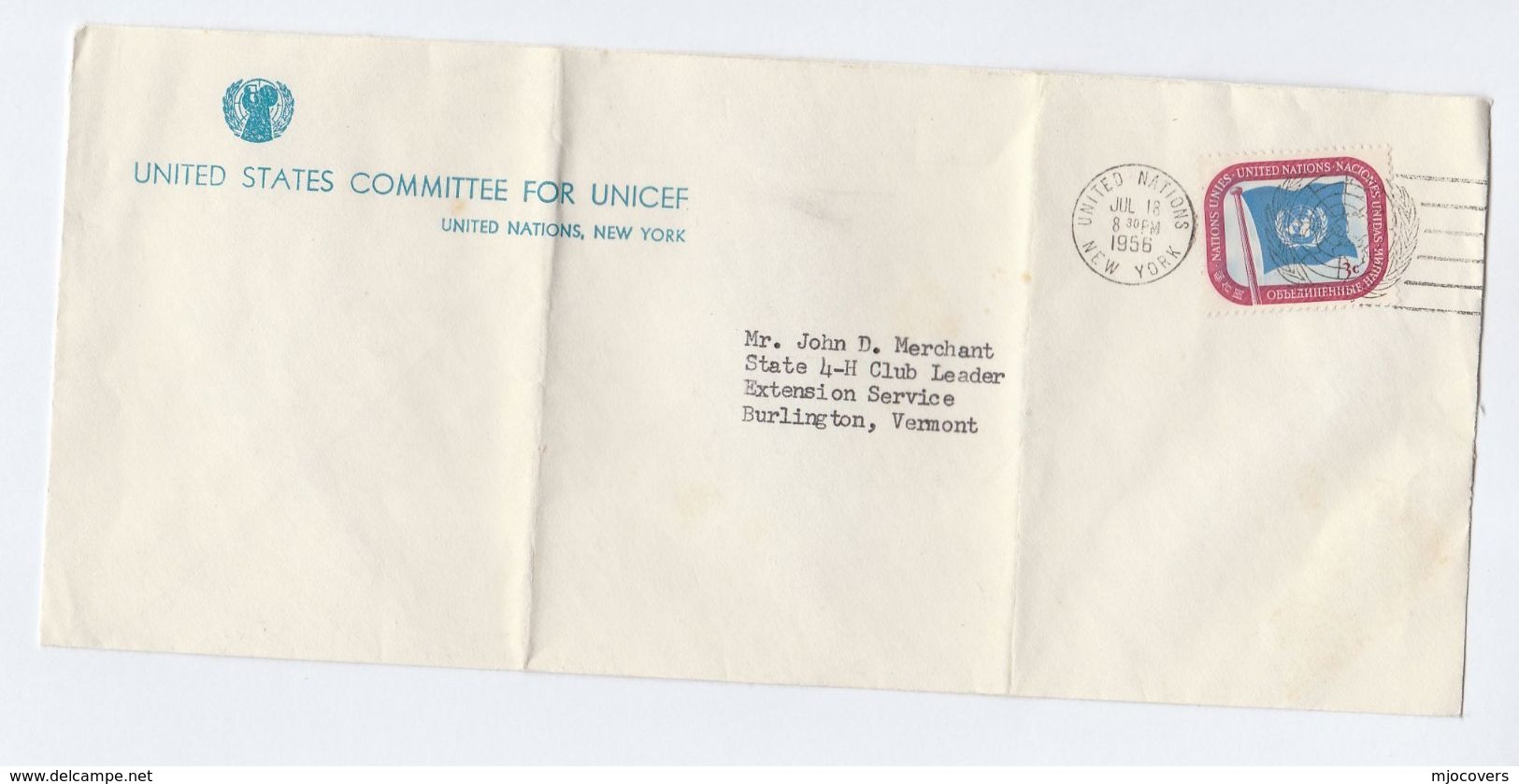 1956 UN COVER  UNICEF United States Committee For UNICEF To State 4 H Club Leader Burlington, Stamps - Covers & Documents