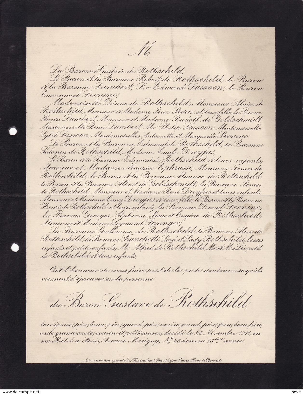 JUDAICA Paris Baron Gustave De ROTHSCHILD 83 Ans 1911 LEONINO LAMBERT DREYFUS SASSOON Lettre Mortuaire - Décès