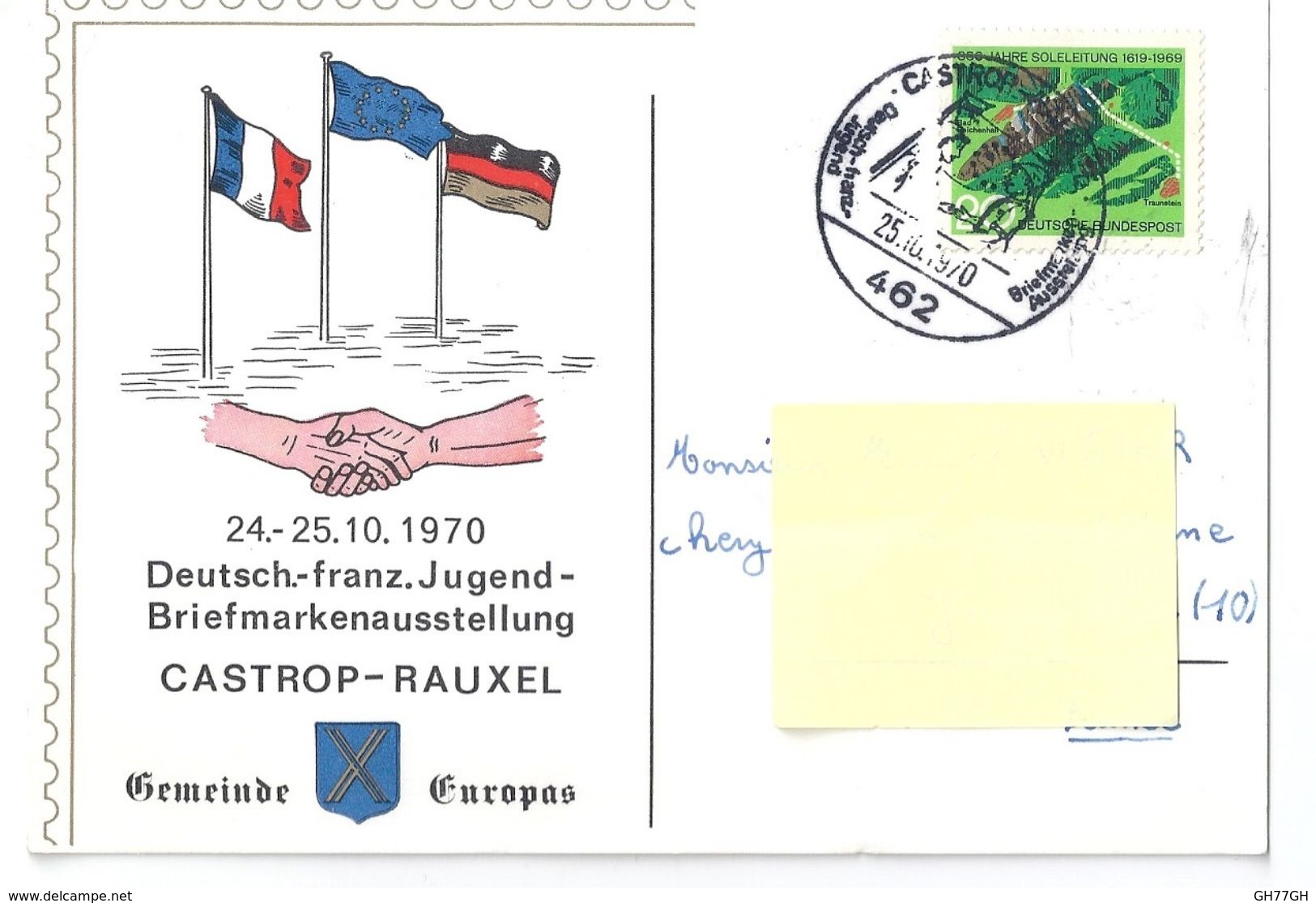 Enveloppe + Carte "deutsch-franz Jugend Briefmarkenausstellung CASTROP-RAUXEL" Timbrées 24-25/10/1970 - 1970