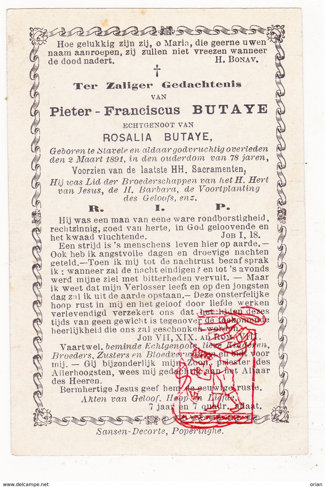 DP Pieter F. Butaye ° Stavele Alveringem 1813 † 1891 X Rosalie Butaye - Devotion Images