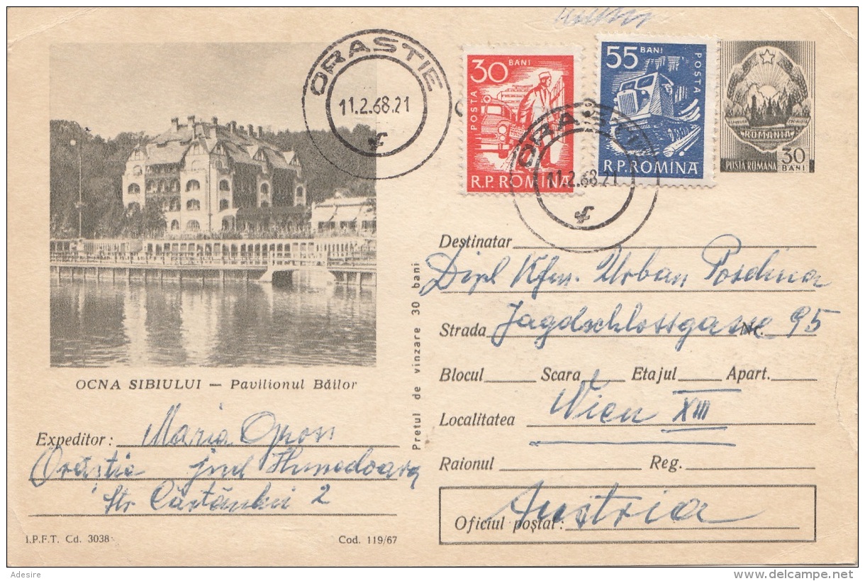 ROMANIA 1968 - Bildpostkarte Ganzsache + Zusatzfrankierung Gel.v. Orastie N. Wien - Postal Stationery