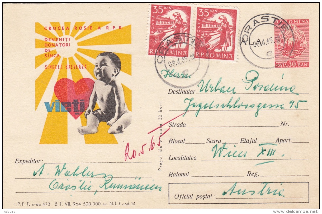 ROMANIA 1965 - Werbepostkarte Ganzsache + Zusatzfrankierung Gel.v. Orastie N. Wien - Postwaardestukken