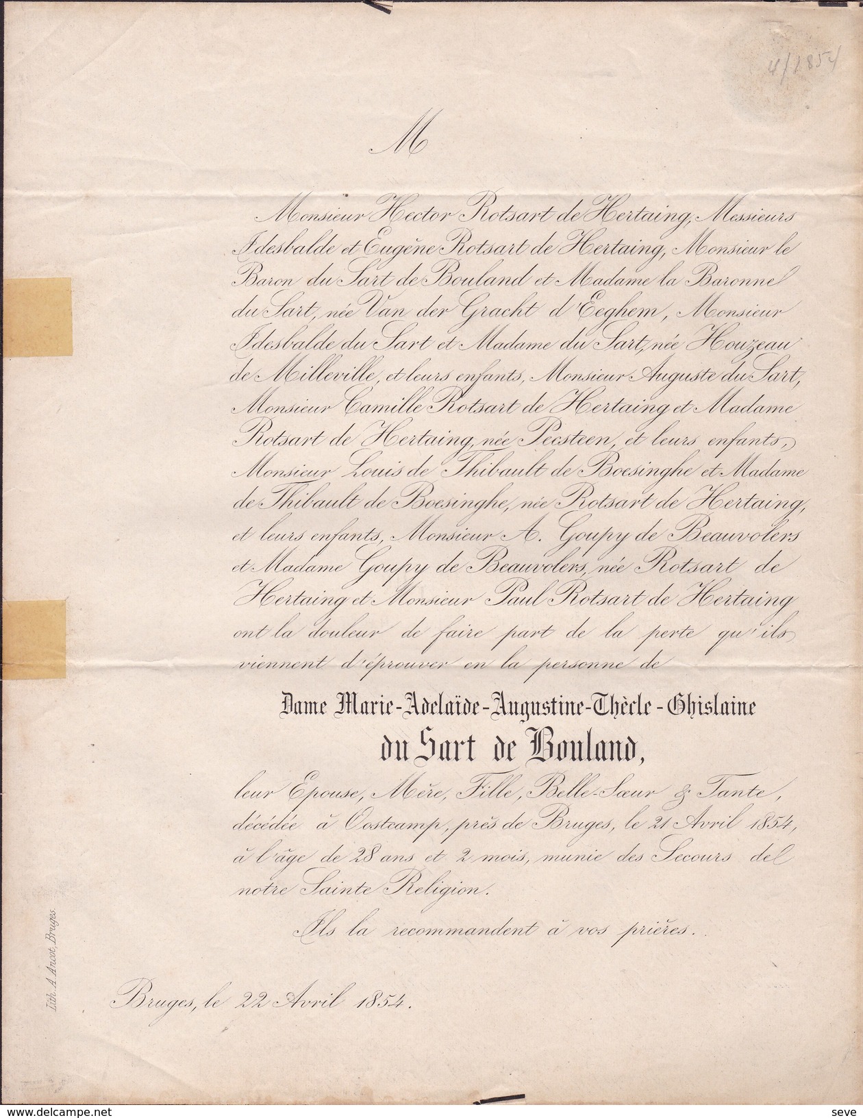 OOSTKAMP Marie Adelaïde Du SART De BOULAND épouse ROTSART De HERTAING 28 Ans En 1854 Doodbericht Avis Mortuaire - Todesanzeige