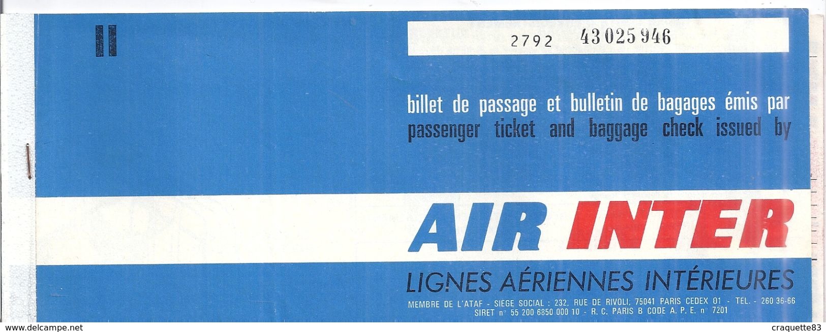 AIR INTER N° 43025946  LIGNES AERIENNES INTERIEURS   NICE PARIS - Other & Unclassified