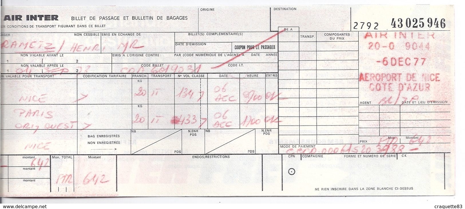 AIR INTER N° 43025946  LIGNES AERIENNES INTERIEURS   NICE PARIS - Other & Unclassified