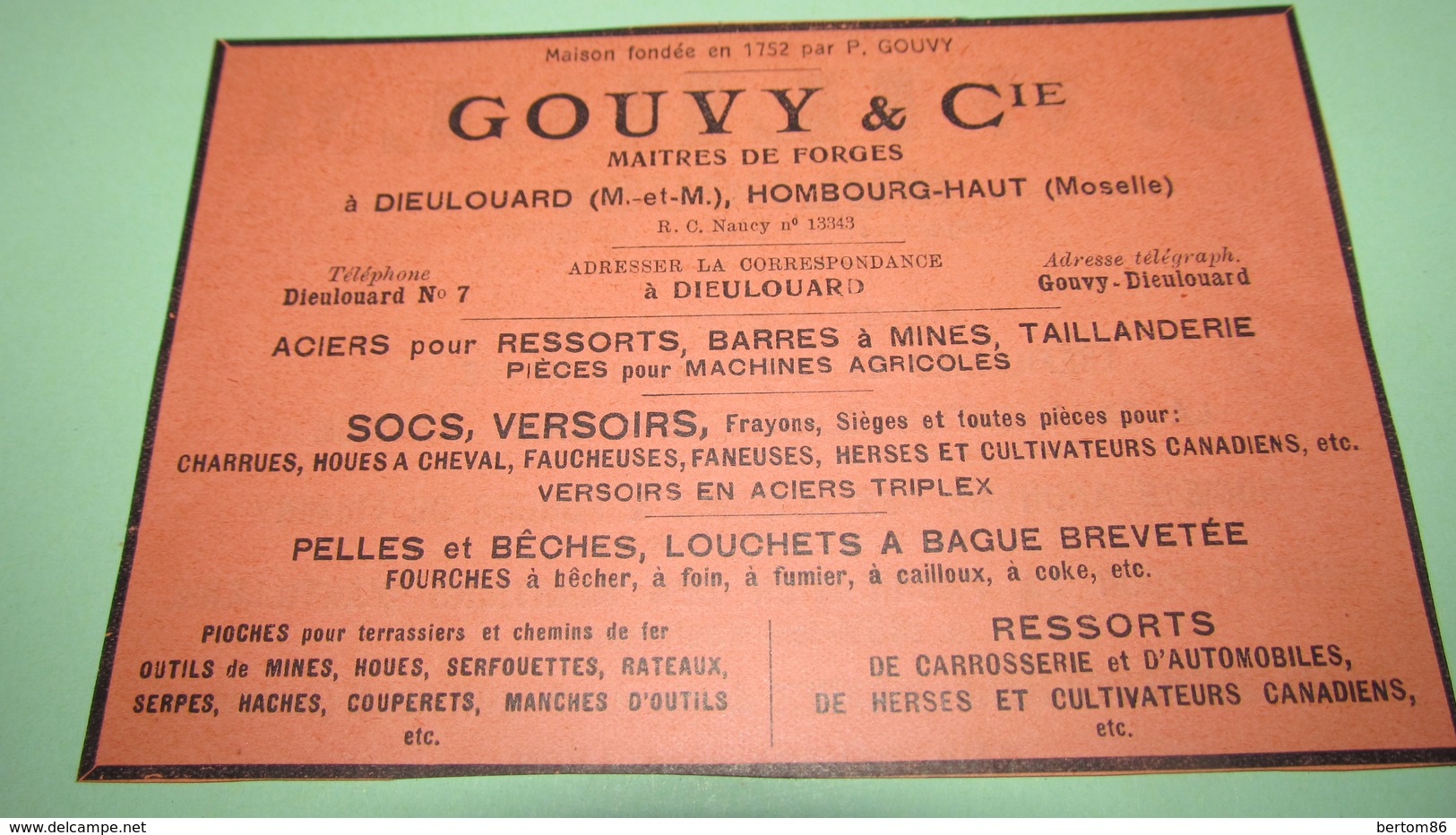 GOUVY & Cie MAITRES DE FORGES à DIEULOUARD , HOMBOURG-HAUT - PUBLICITE DE 1928. - Pubblicitari