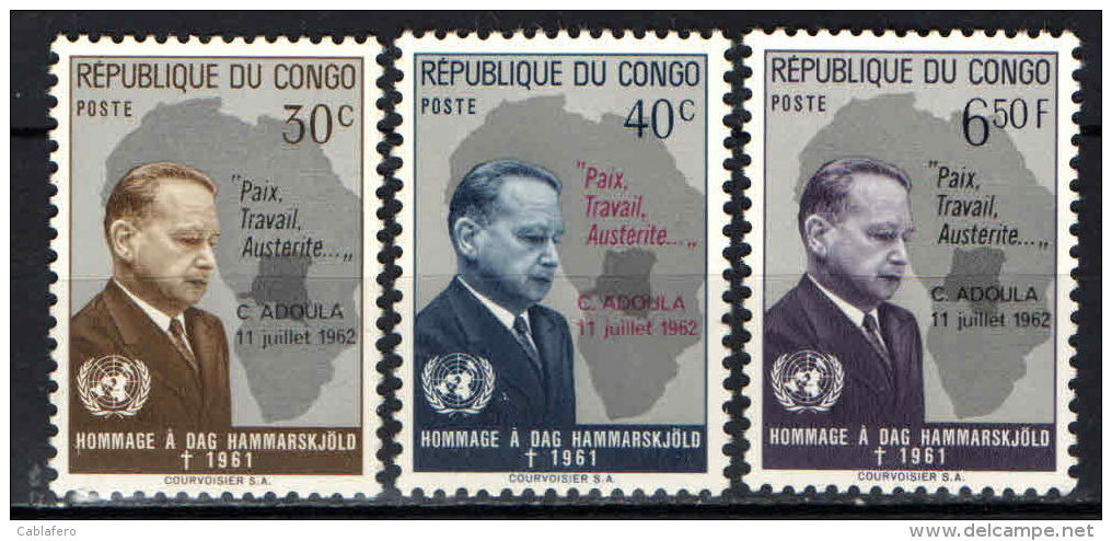 CONGO - 1962 - DAG HAMMARSKJOLD E MAPPA DELL'AFRICA CON SOVRASTAMPA - OVERPRINTED - NUOVI MNH - Autres & Non Classés
