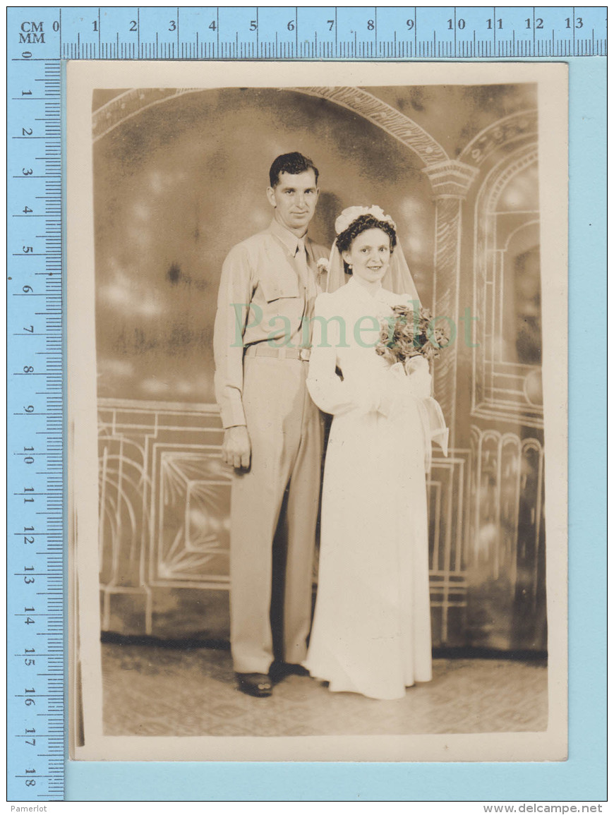 Photo D'époque -  Couple Mariage, Decor Dessiné - Unclassified