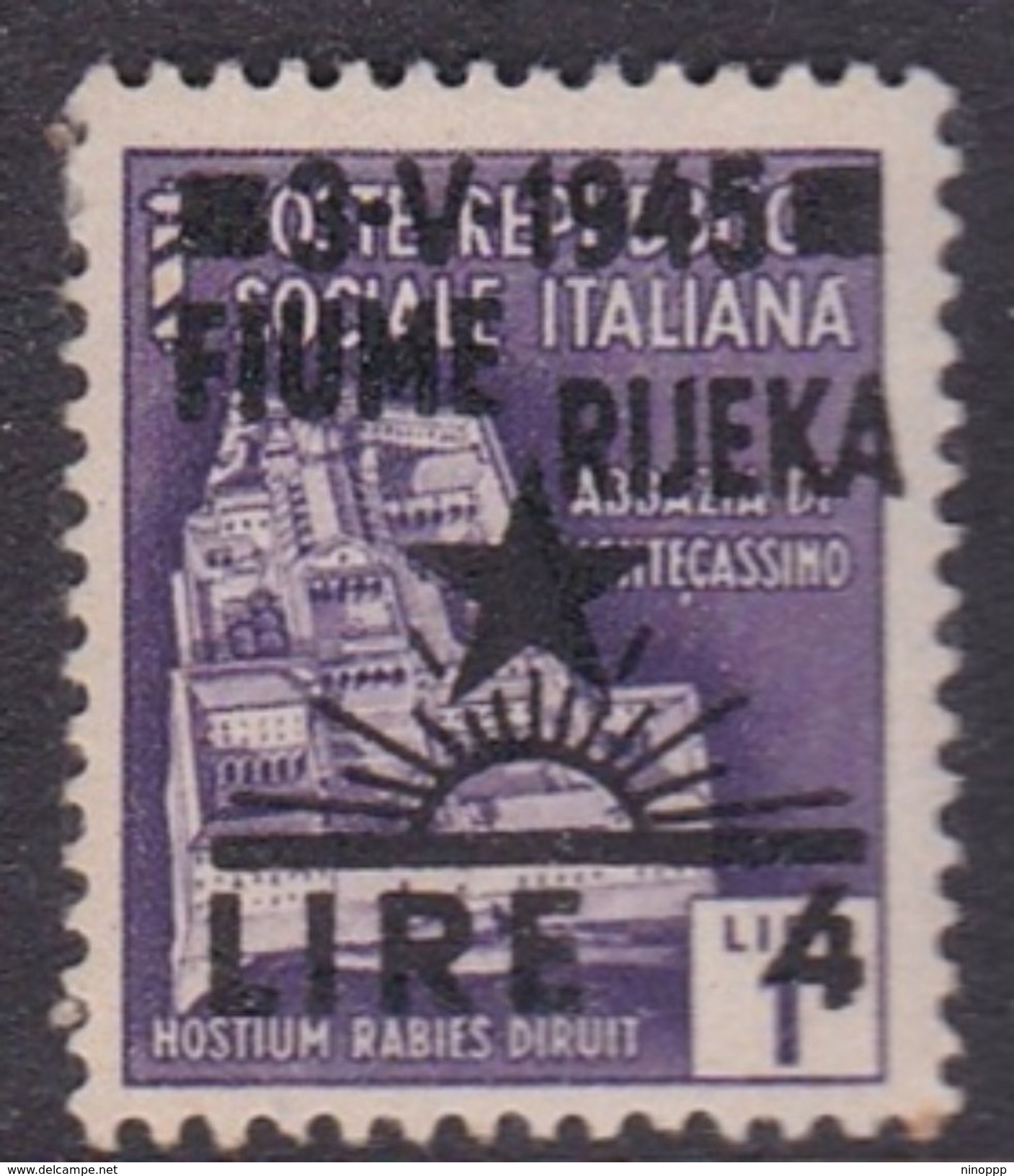 Italy-WW II Occupation-Yugoslavian Occupation Of Fiume,S15, 1945 4 Lire On 1 Lira Violet, MNH - Occup. Iugoslava: Fiume