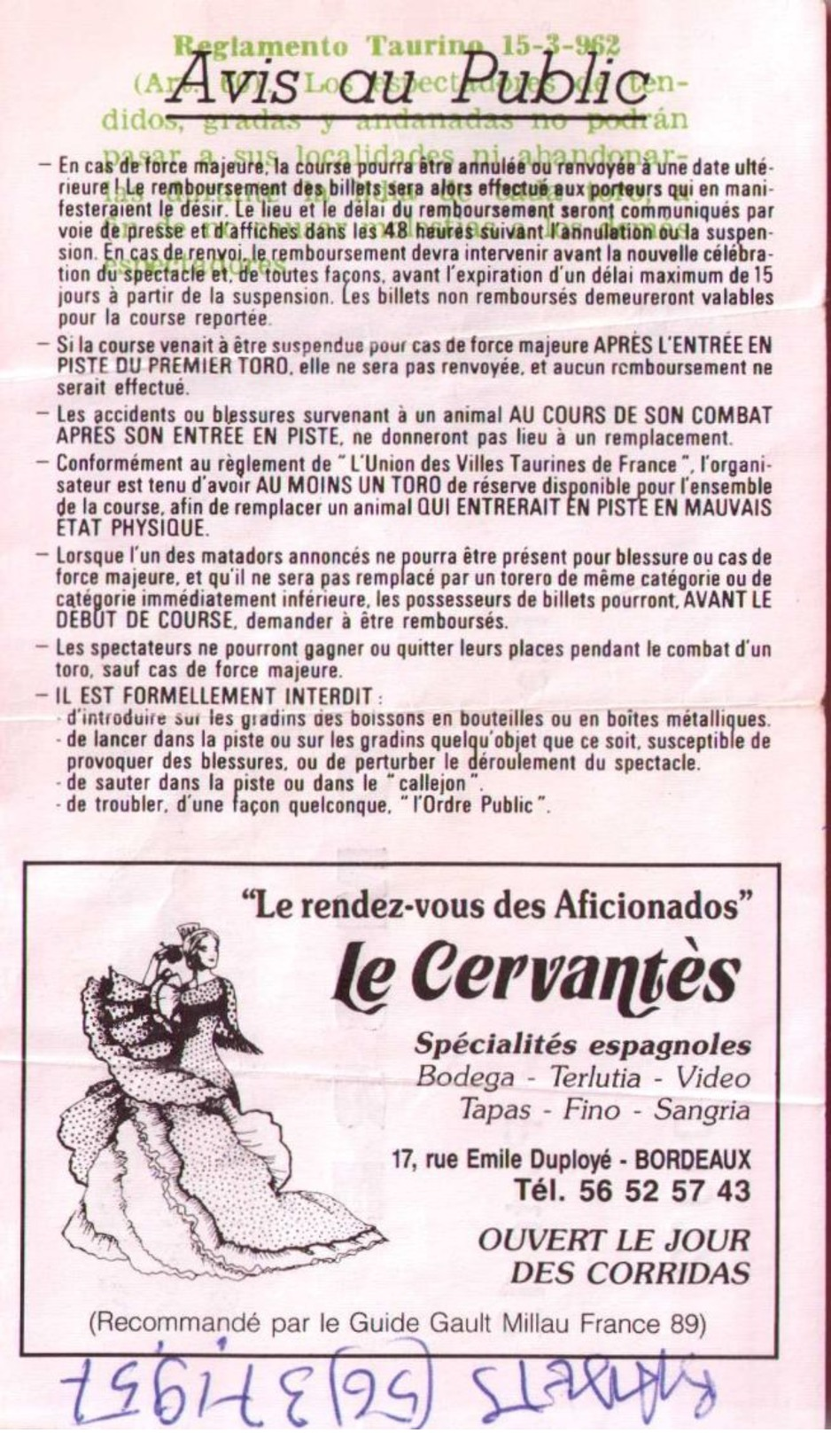 Billet Corrida Du 04/06/1989 Arènes De FLOIRAC - Scans Recto-verso - Tickets D'entrée