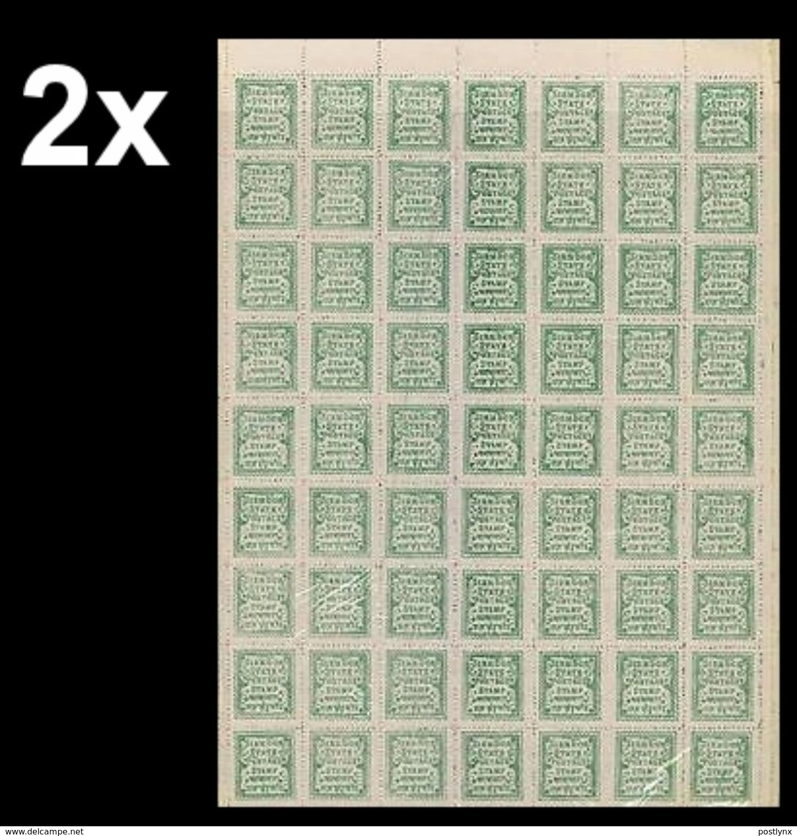 BULK: 2 X INDIA-SIRMOOR 1892 Old Reprint 1 Piece D-green COMPLETE SHEET:63 Stamps [feuilles, GanzeBogen,hojas,foglios] - Sirmur