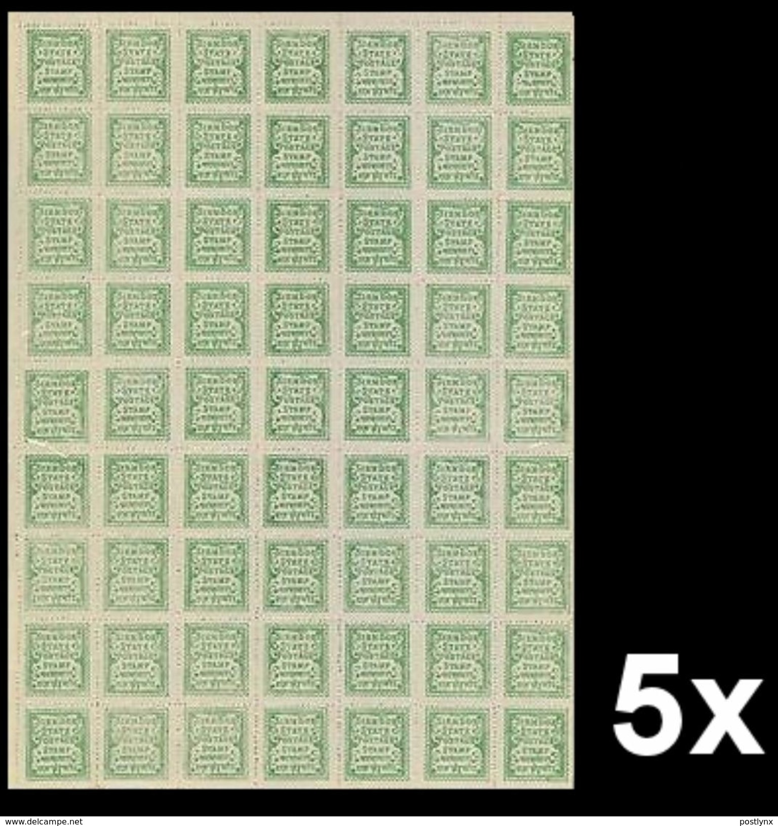 BULK:5 X INDIA-SIRMOOR 1892 Old Reprint 1 Piece P-blue COMPLETE SHEET:63 Stamps  [feuilles, GanzeBogen,hojas,foglios] - Sirmur