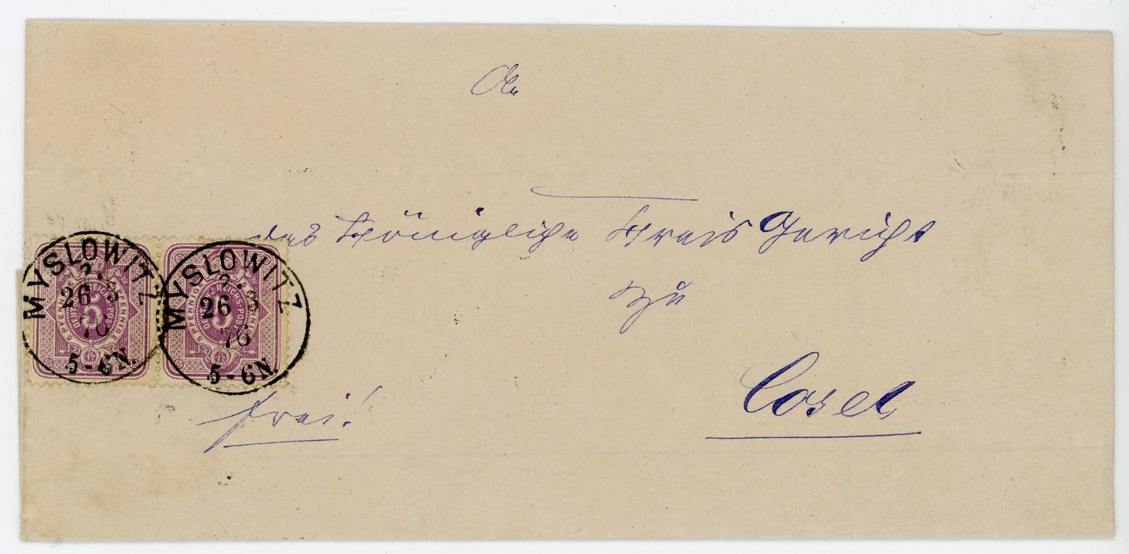 ALLEMAGNE POLOGNE LST 1876 MYSLOWITZ FRAPPE SUPERBE SUR LETTRE POUR COSEL           LETTRE - Briefe U. Dokumente