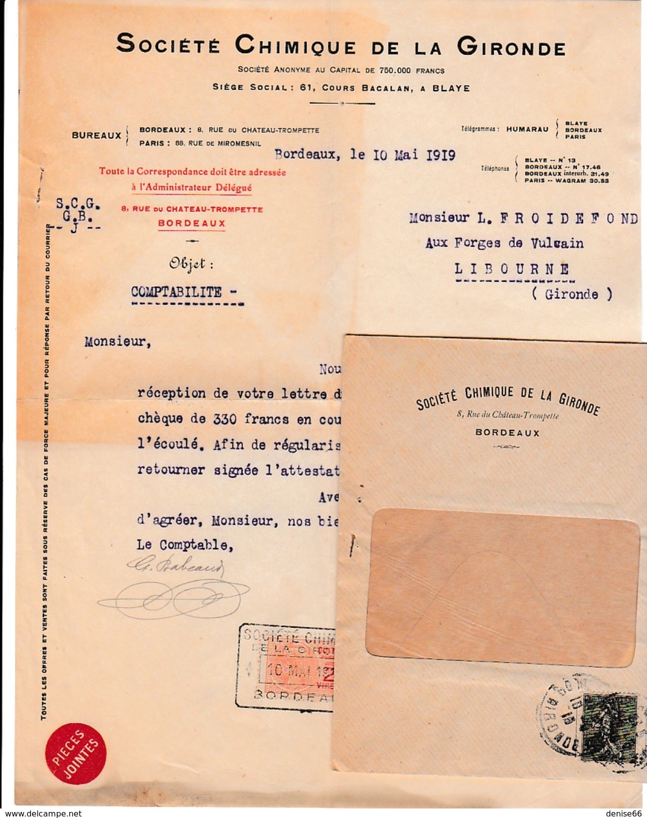 1919 - BORDEAUX - BLAYE (33) - SOCIÉTÉ CHIMIQUE De La GIRONDE - - Documents Historiques