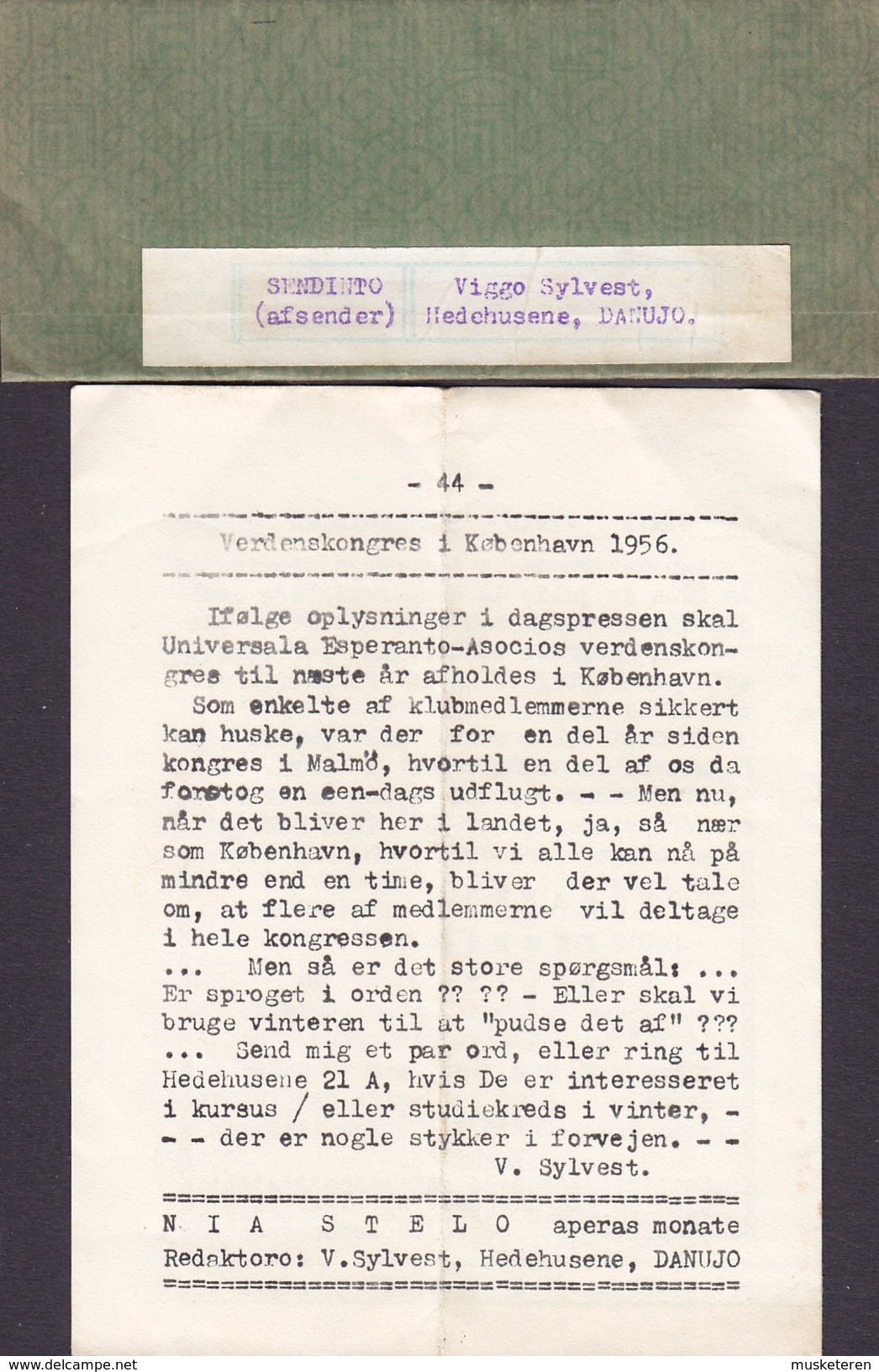 Denmark NIA STELO Paper ESPERANTO Club Roskilde W. Wrapper Streifband Bande Journal HEDEHUSENE 23.8.1955 (4 Scans) - Covers & Documents