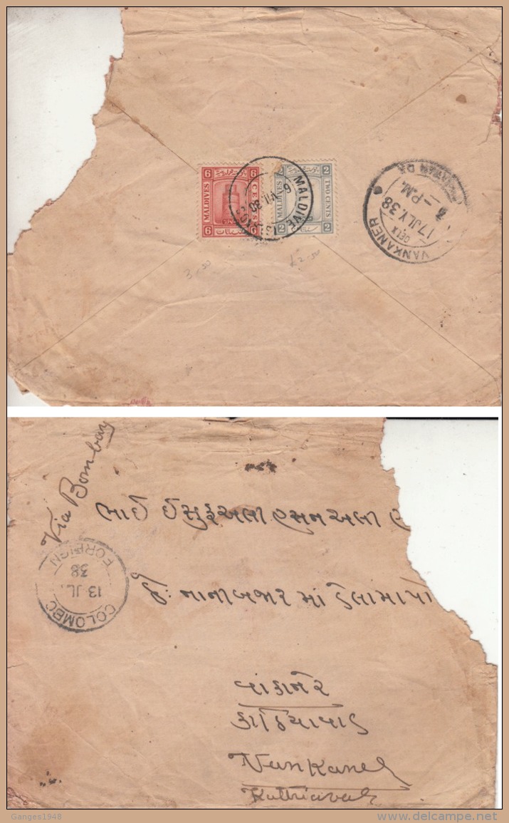 Maldives  1938   Cover  Via  Colombo  To  India    #  01067   D   Inde  Indien - Maldives (...-1965)