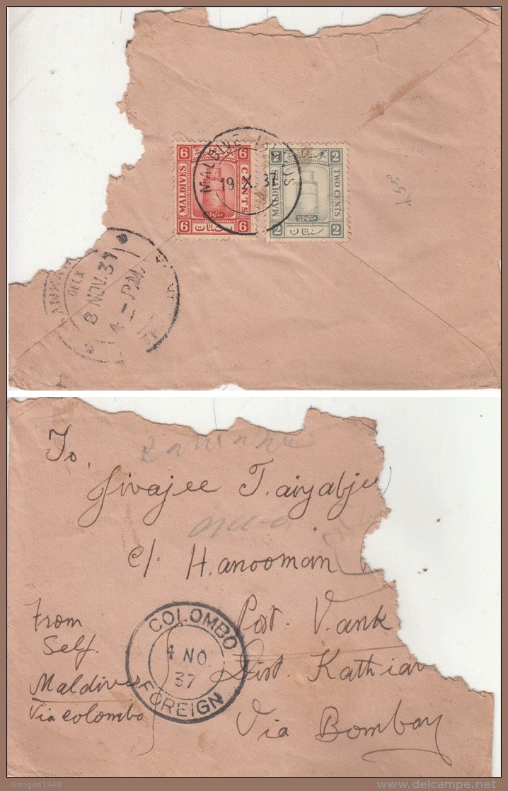 Maldives  1937   Cover  Via  Colombo  To  India    #  01066   D   Inde  Indien - Maldiven (...-1965)