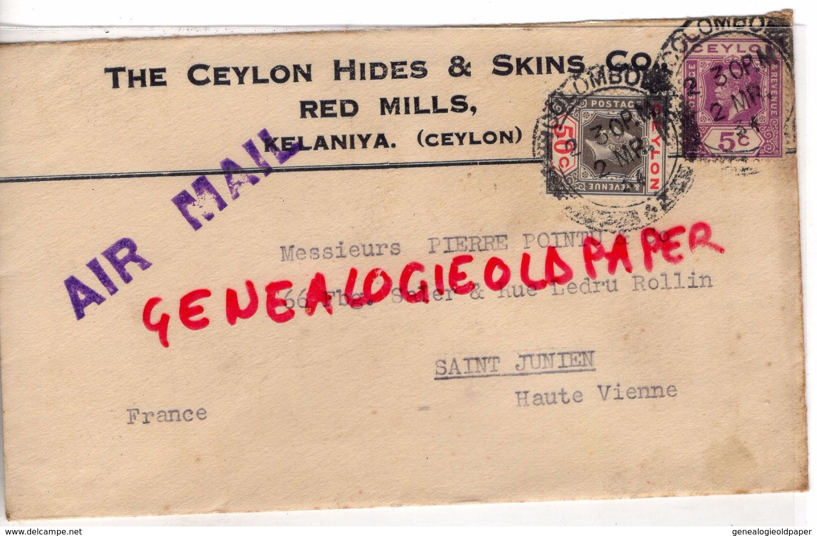 ASIE- CEYLON- CEYLAN- CEYLON HIDES & SKINS CO.LTD- RED MILLS - KELANIYA-A PERUCAUD MEGISSERIE SAINT JUNIEN-1934-AIR MAIL - Autres & Non Classés