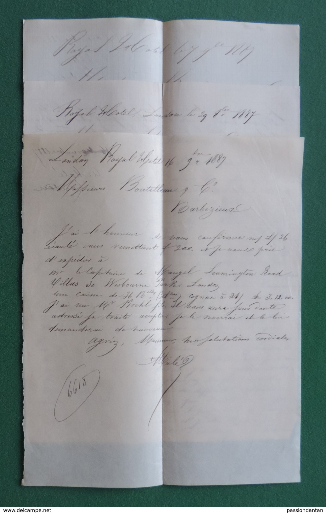 Trois Lettres Commerciales Manuscrites De La Maison A. Malé Sise Royal Hotel à Londres - Année 1887 - United Kingdom