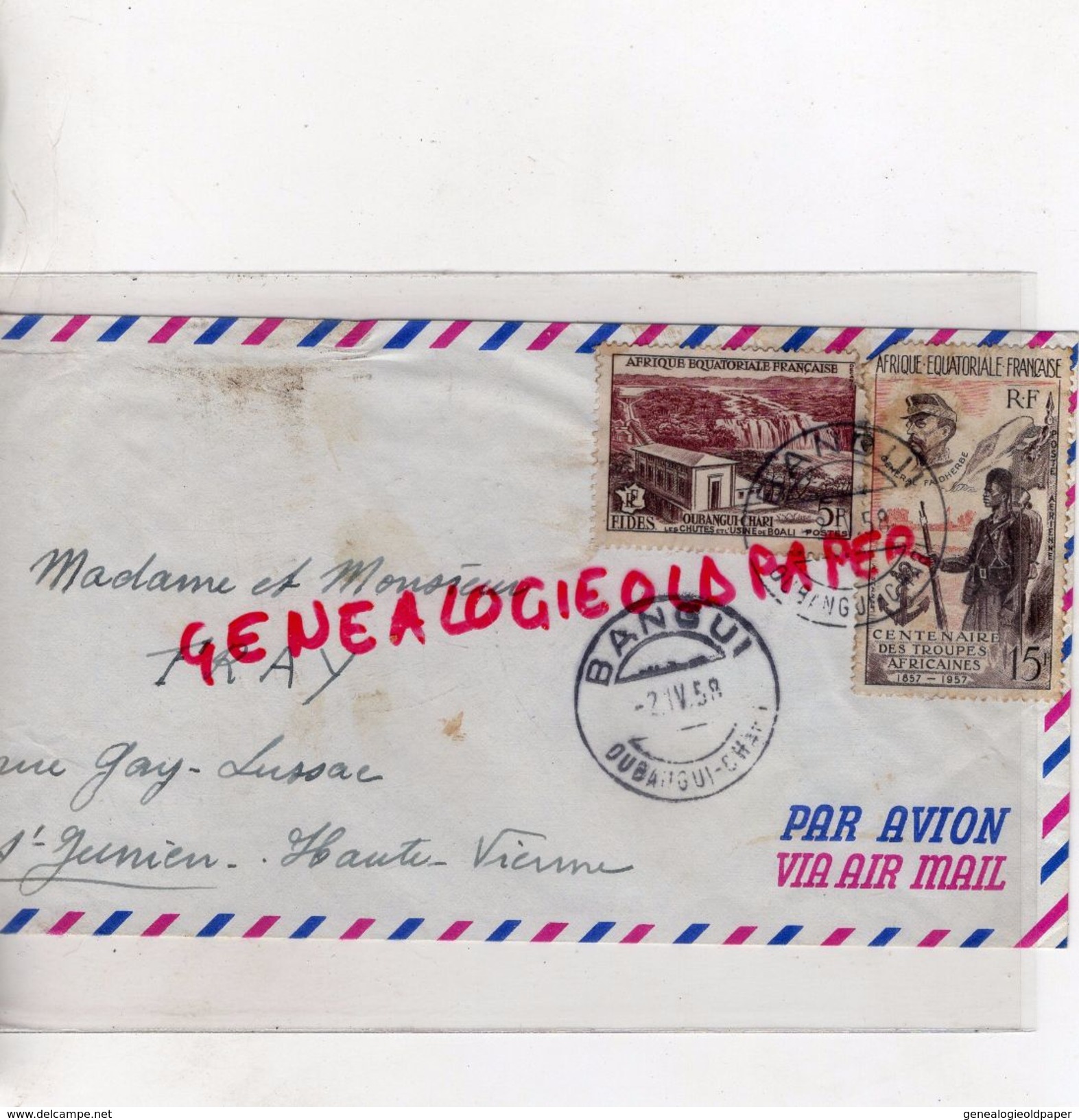 LETTRE AVION OUBANGUI CHARI 1958- CENTENAIRE TROUPES AFRICAINES-M. FRAY RUE GAY LUSSAC SAINT JUNIEN - Lettres & Documents