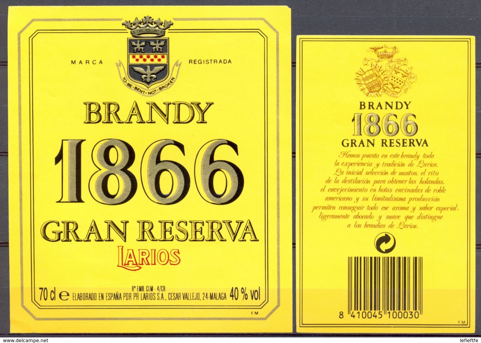 1357 - Espagne - Andalousie - Brandy 1866 - Gran Reserva - Larios - Málaga - Autres & Non Classés