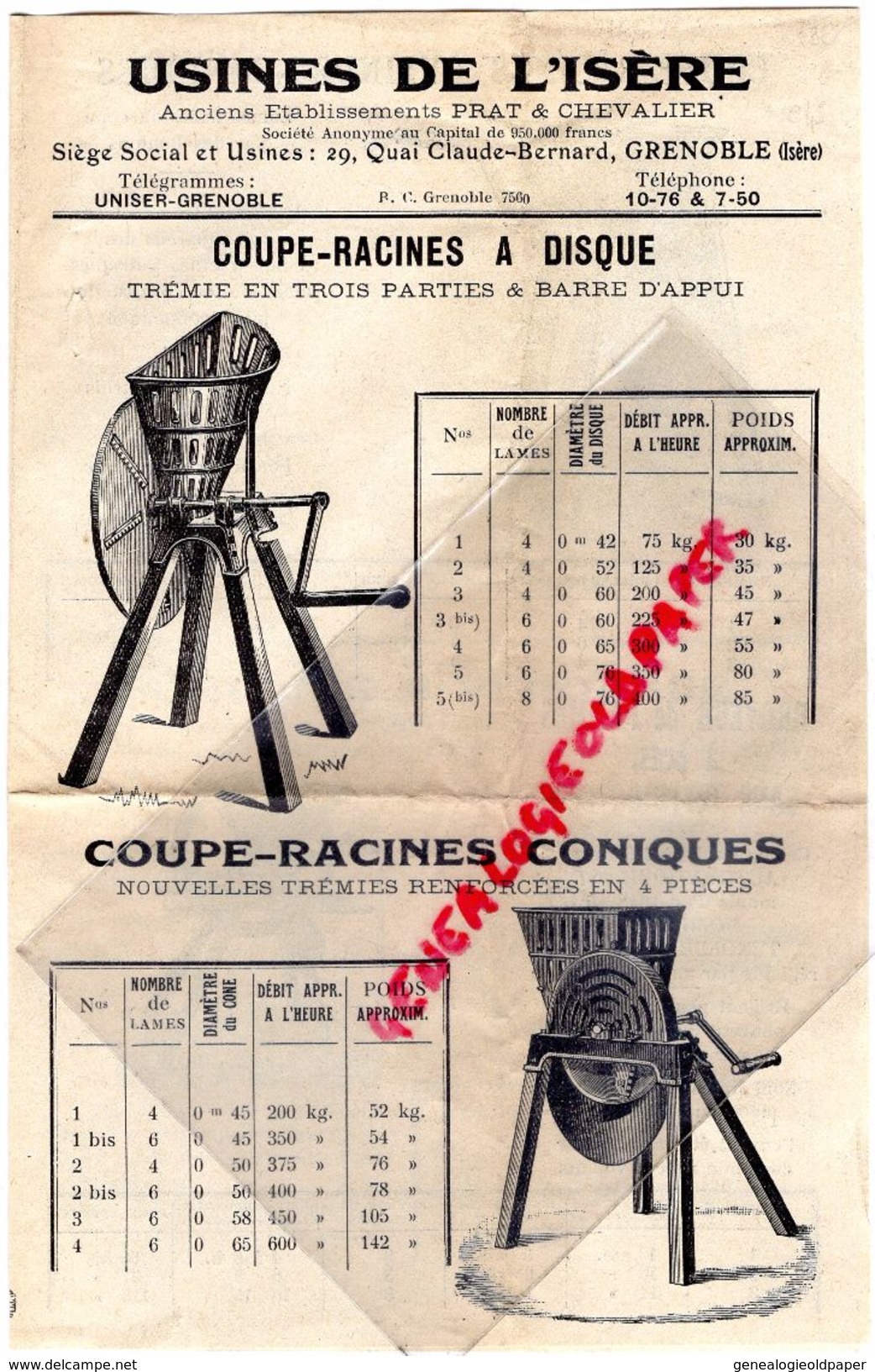 38- GRENOBLE- PUBLICITE USINES DE L' ISERE-PRAT ET CHEVALIER-29 QUAI CLAUDE BERNARD- COUPE RACINES PRESSOIR-AGRICULTURE - 1900 – 1949