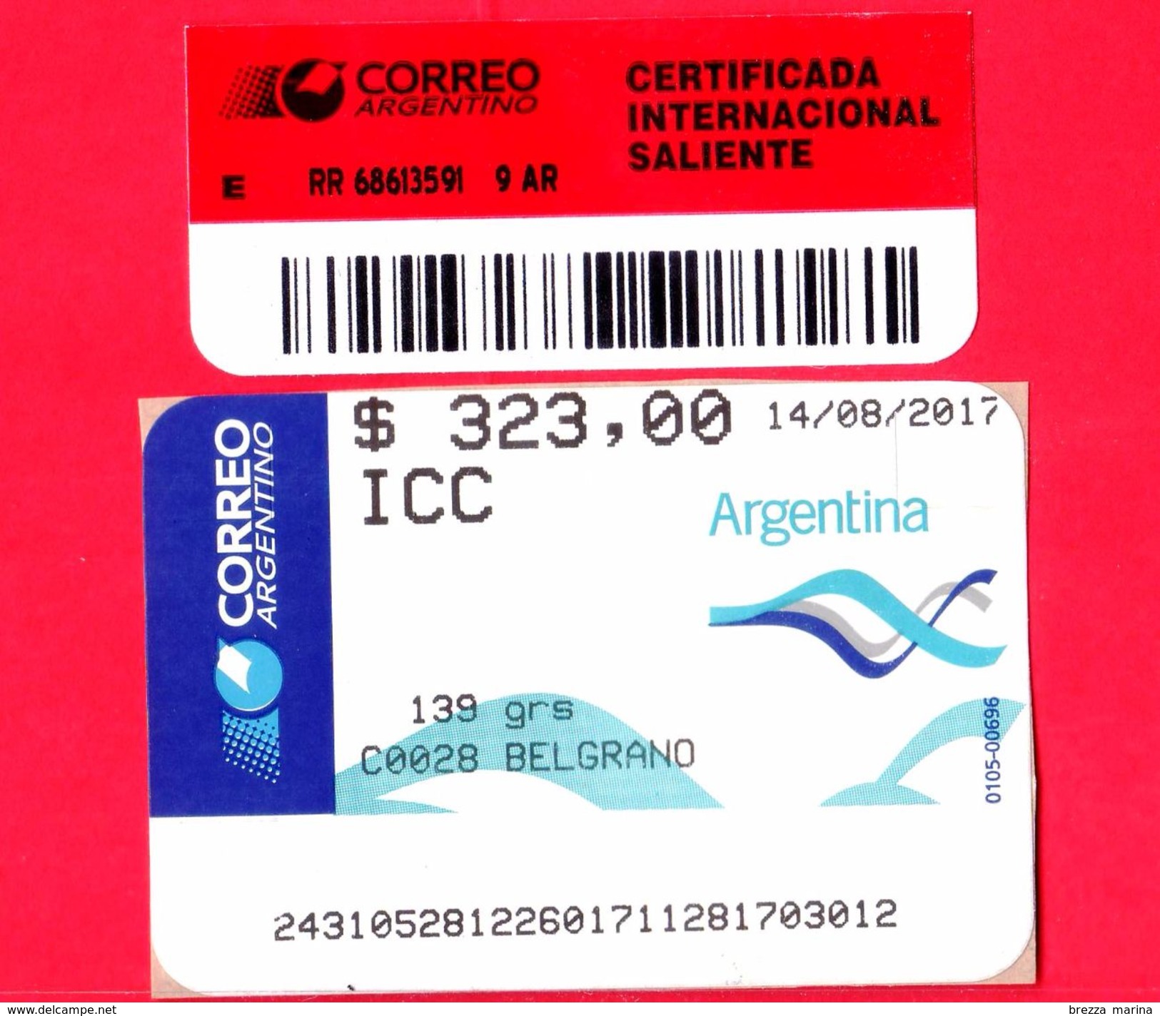 ARGENTINA - Usato - 2017 - ATM - Correo Argentino - Belgrano - 323.00 - Franking Labels